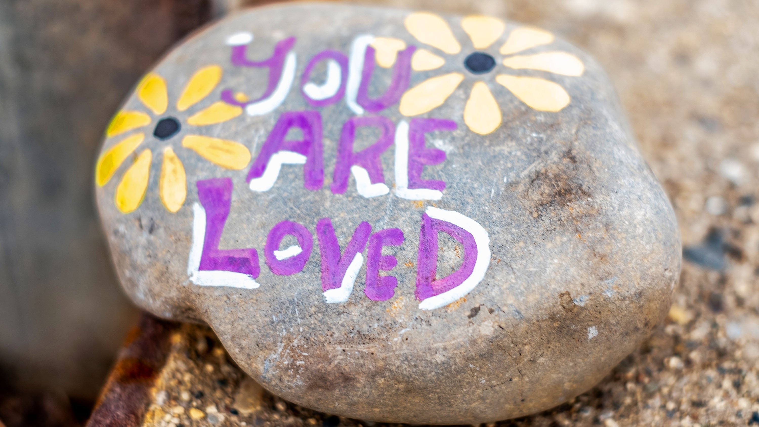 Stone painted with the words 'you are loved'