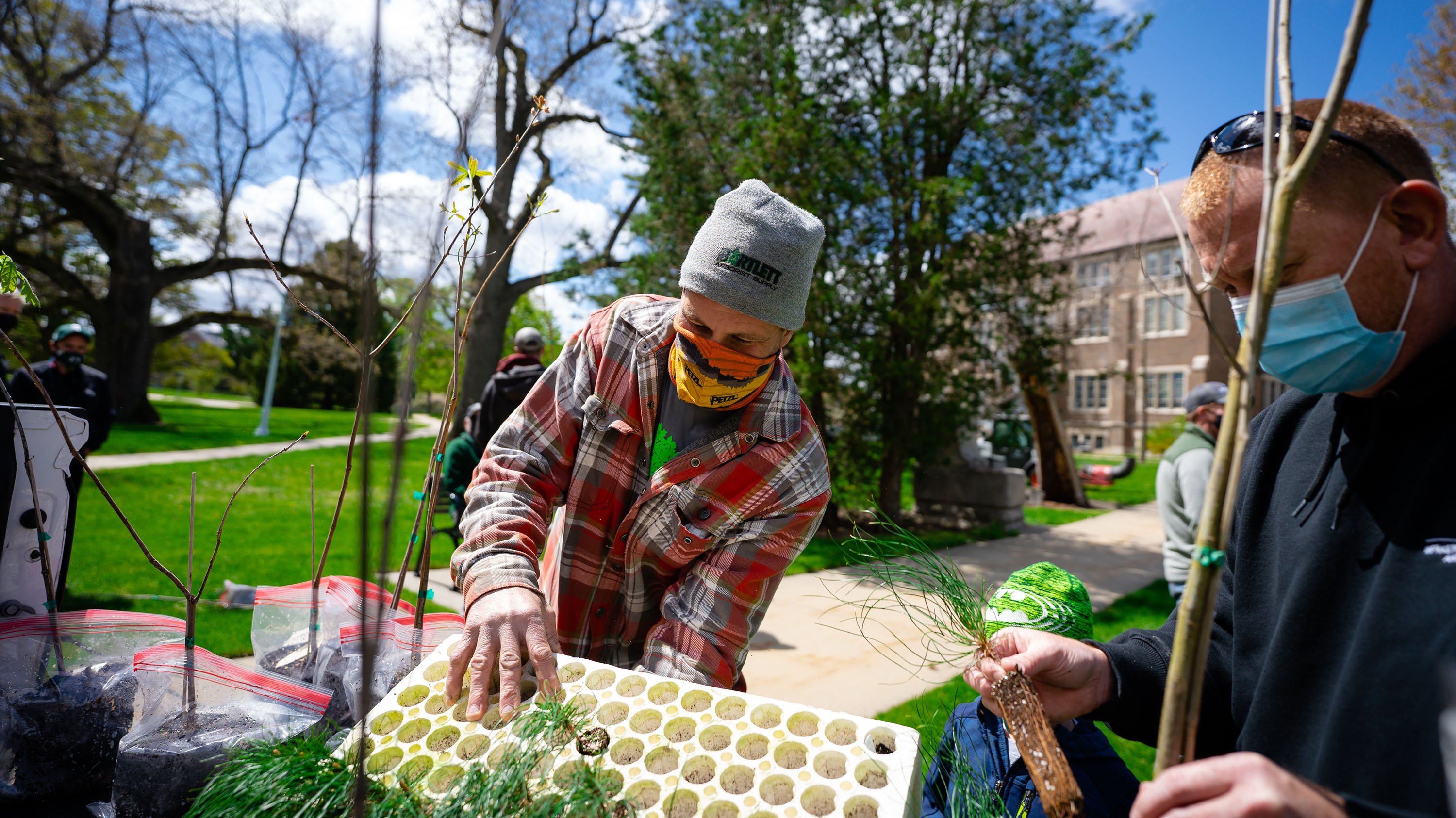 Handing out tree plugs at Arbor Day gathering
