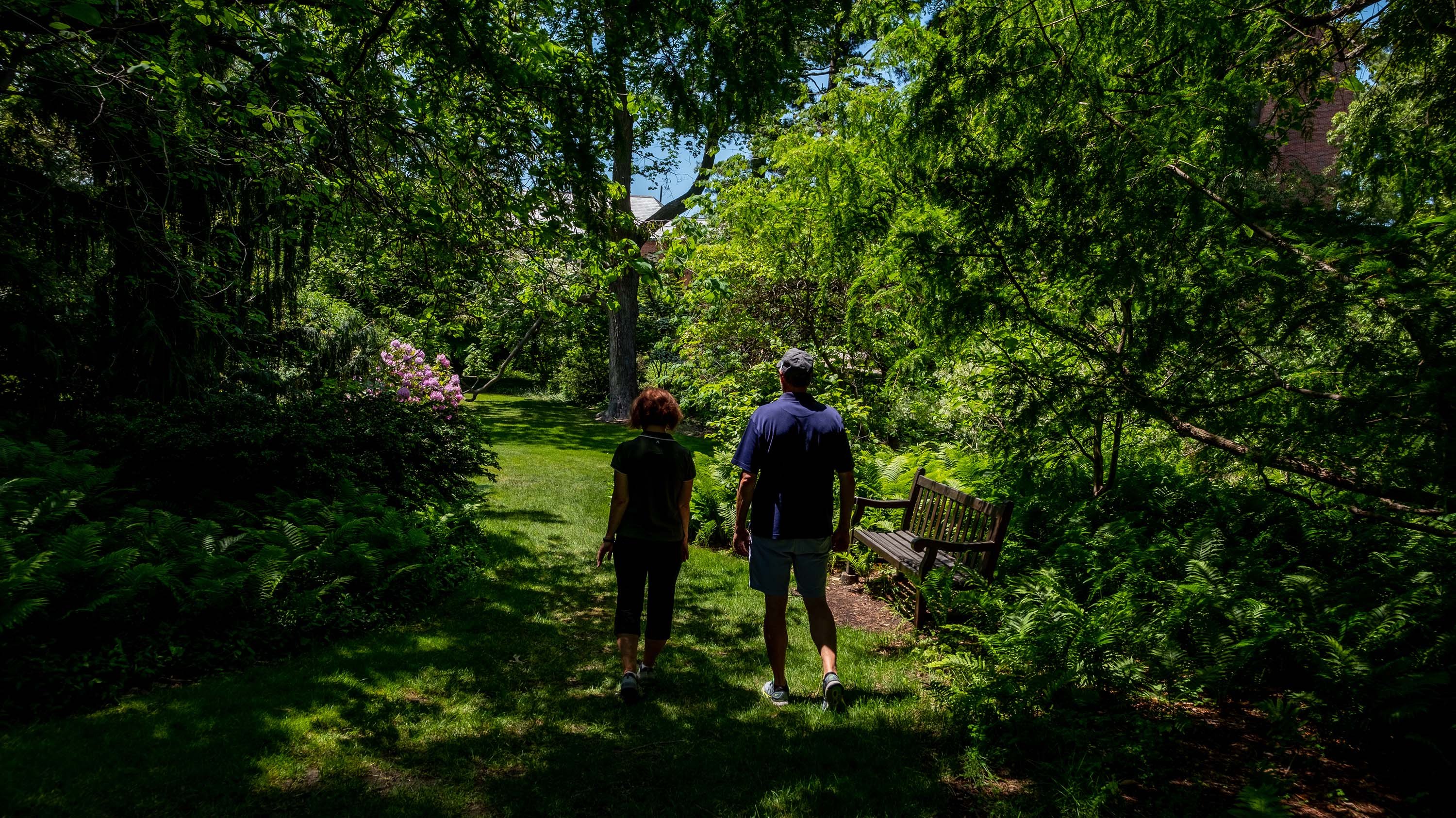 Two people walking in Sleepy Hollow, a garden on campus that is shadowed and filled with trees and flowers.