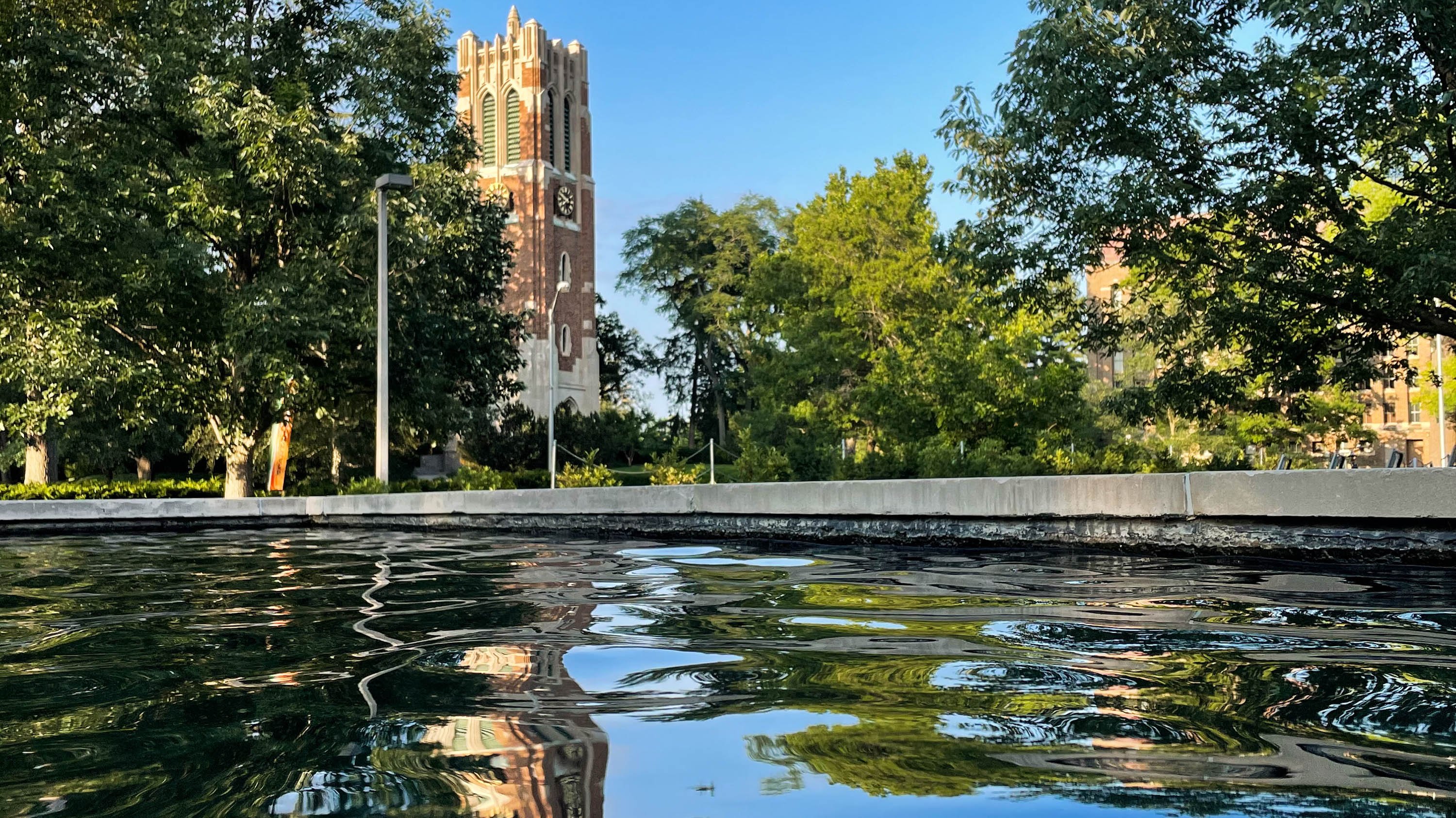 Beaumont Tower seen from the library fountain