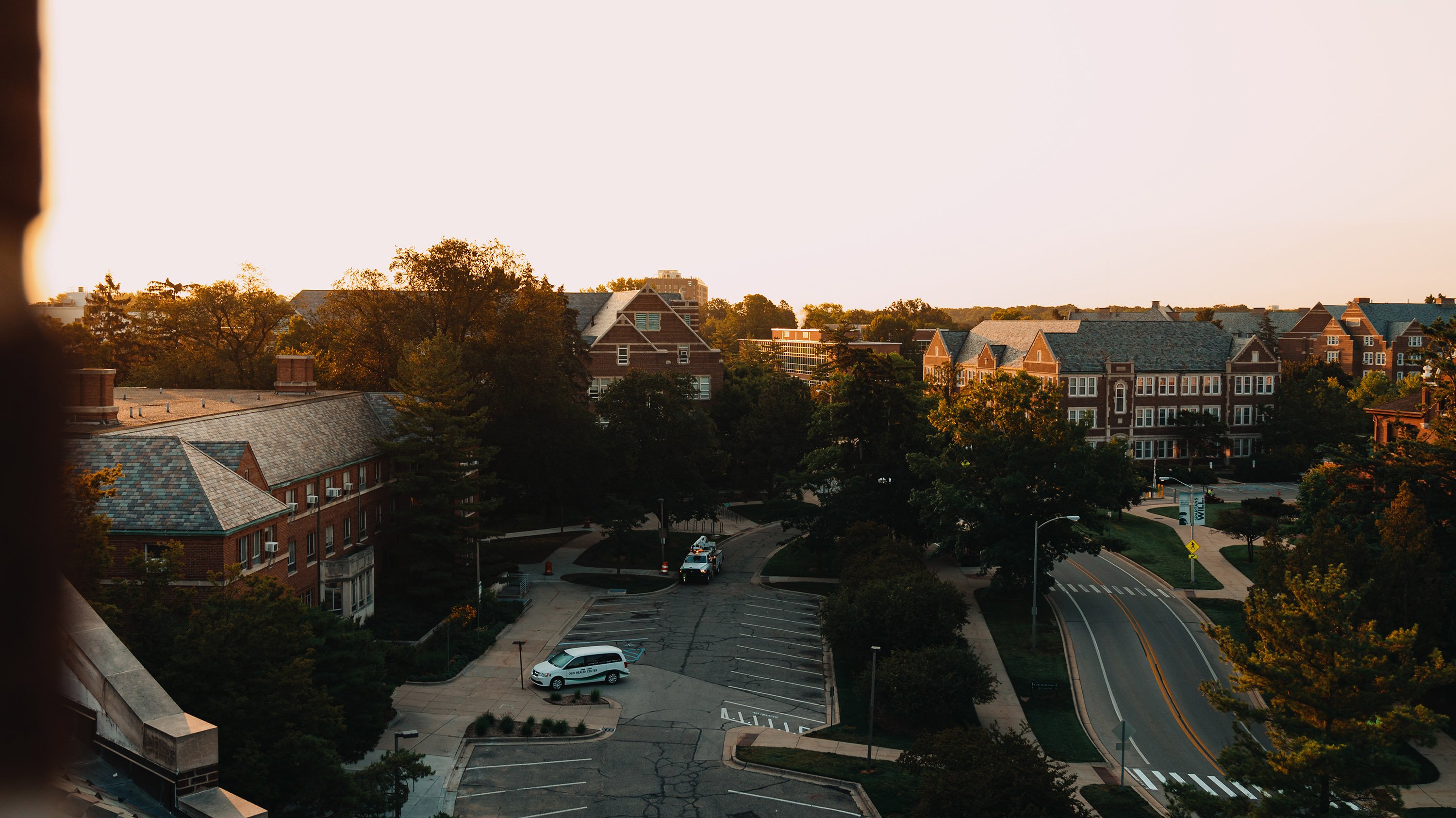 View from a rooftop at sunset on campus