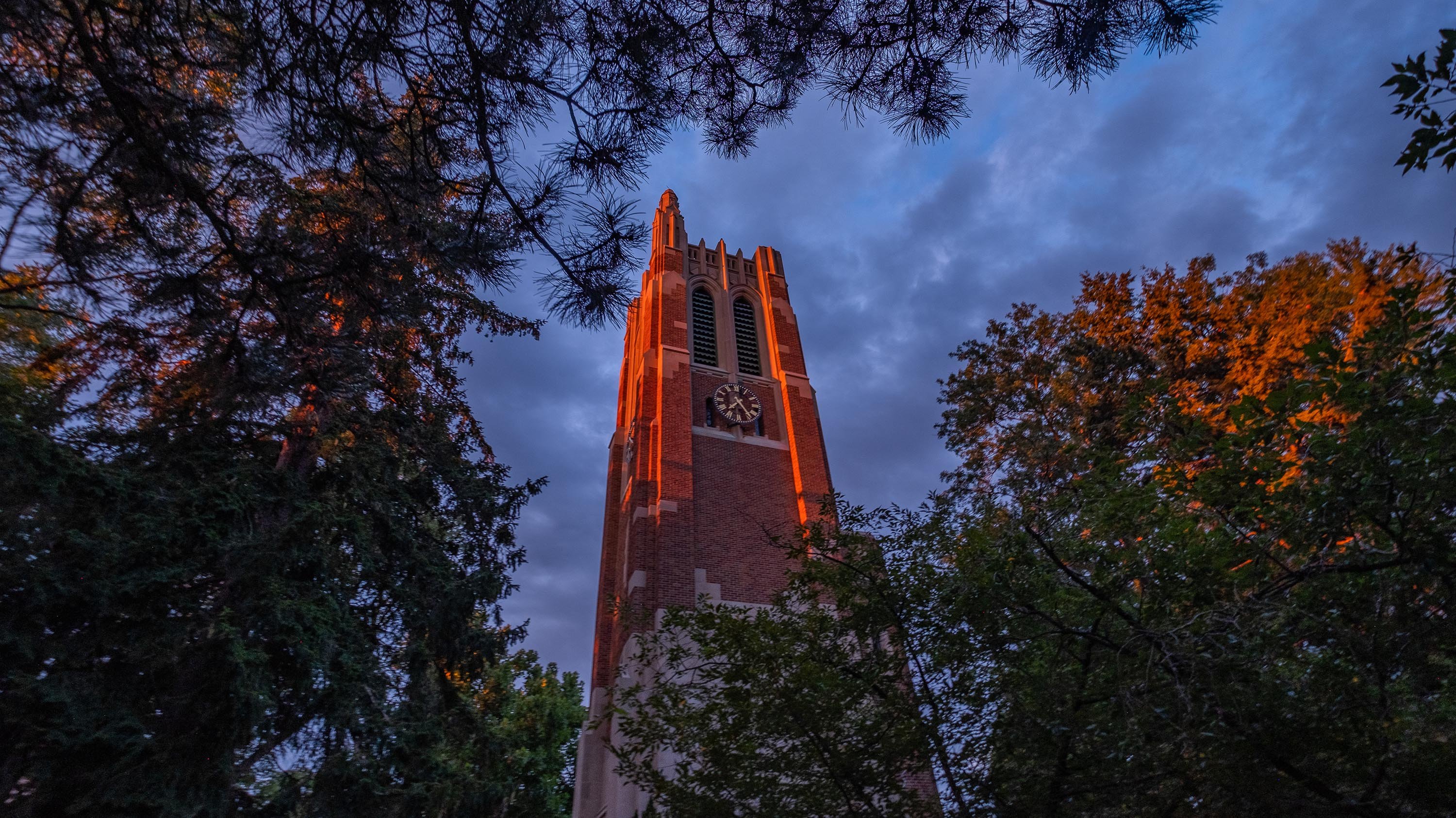 Beaumont Tower illuminated in the glow of sunrise