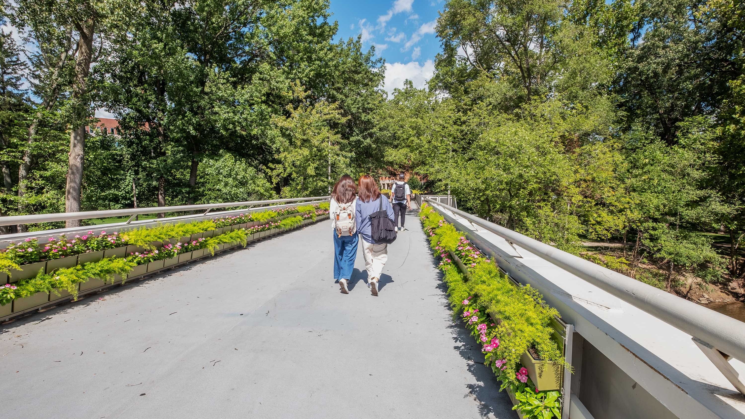 Students walking across MSU Library Bridge, with flowers blooming in the 'green wall' planter boxes