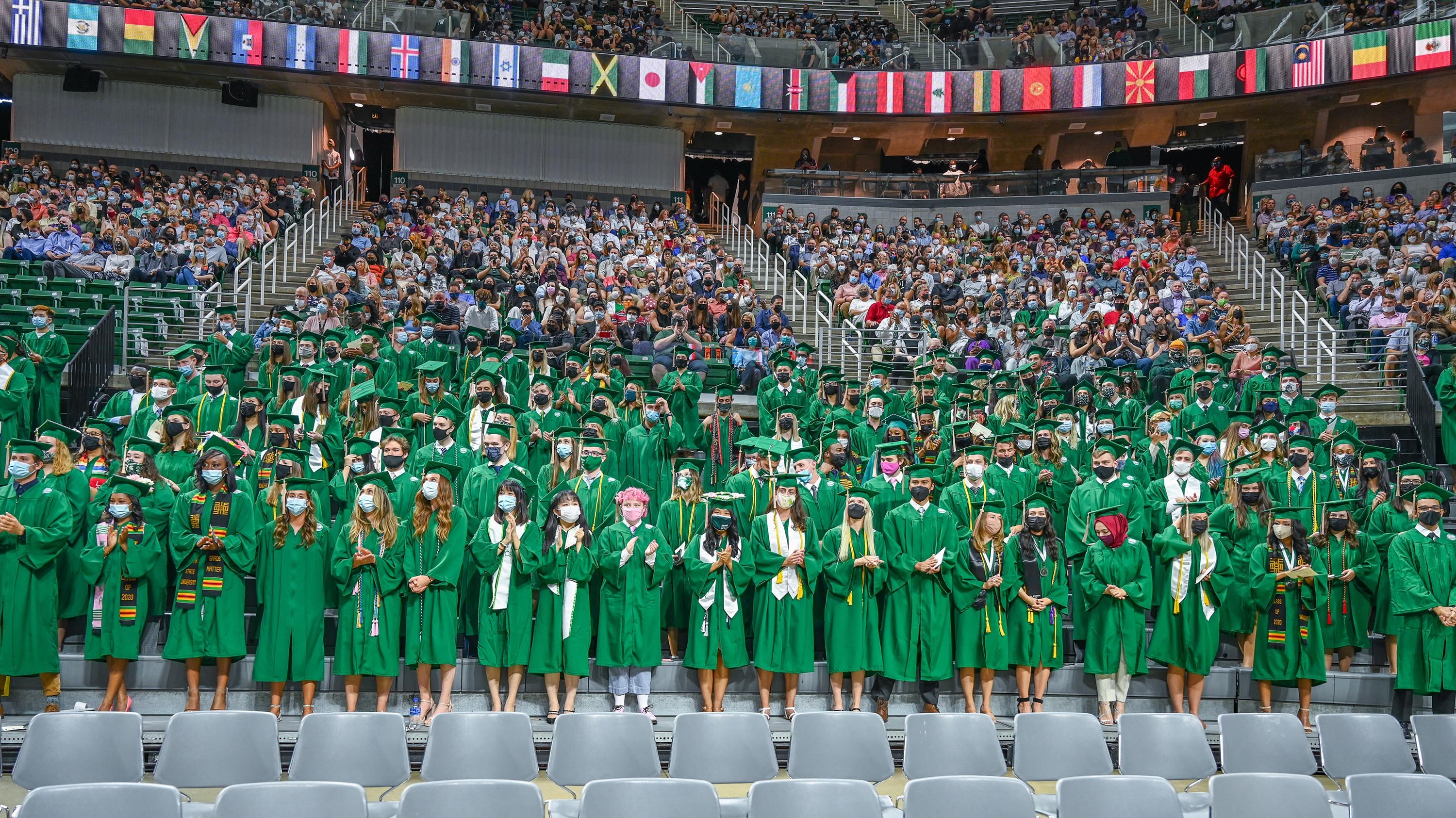 Graduates and audience at 2020 commencement in the Breslin Center