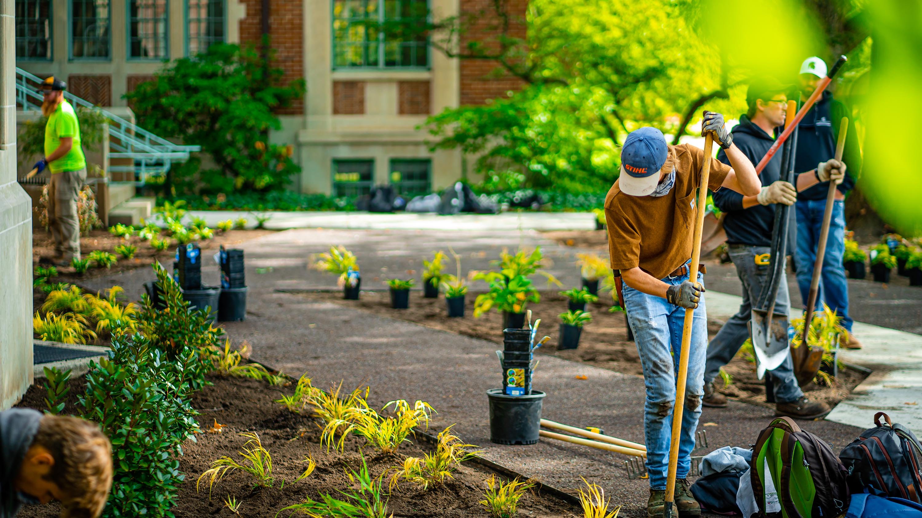 Horticulture students doing landscaping work outside of Yakeley Hall