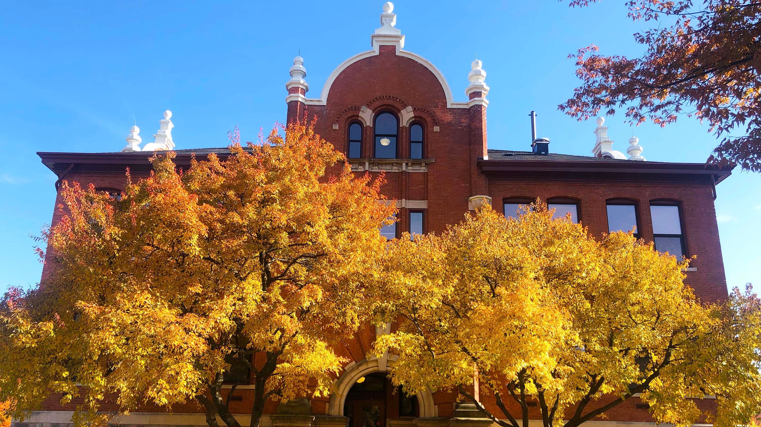 Marshall-Adams Hall, obscured by a tree showing fall colors in its foliage