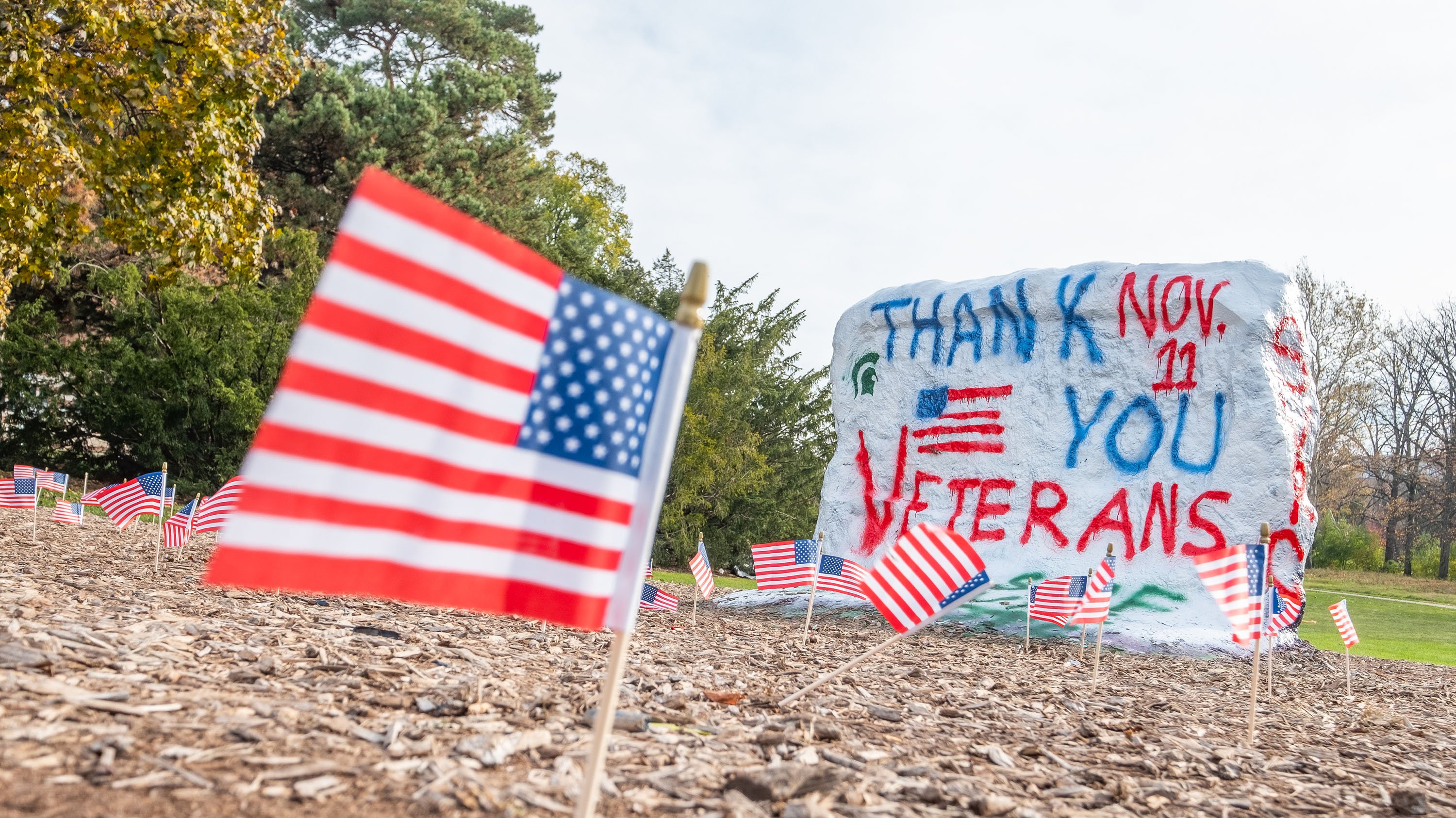 American flag in the ground in front of the Rock. The Rock is painted with text in red and blue paint, which reads 'Nov. 11, Thank you veterans'