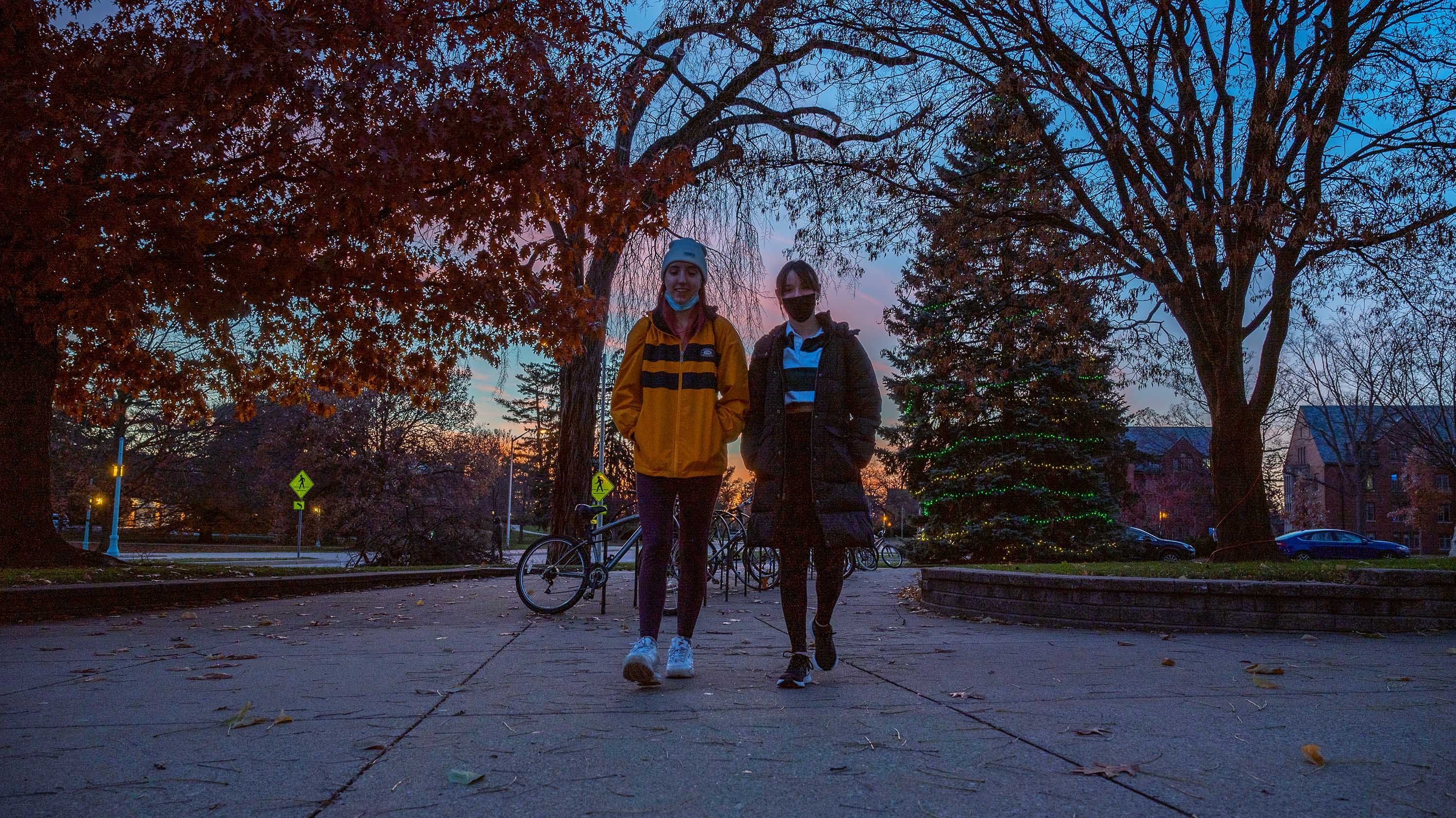 Two students walking on campus with a decorated and lit tree behind them