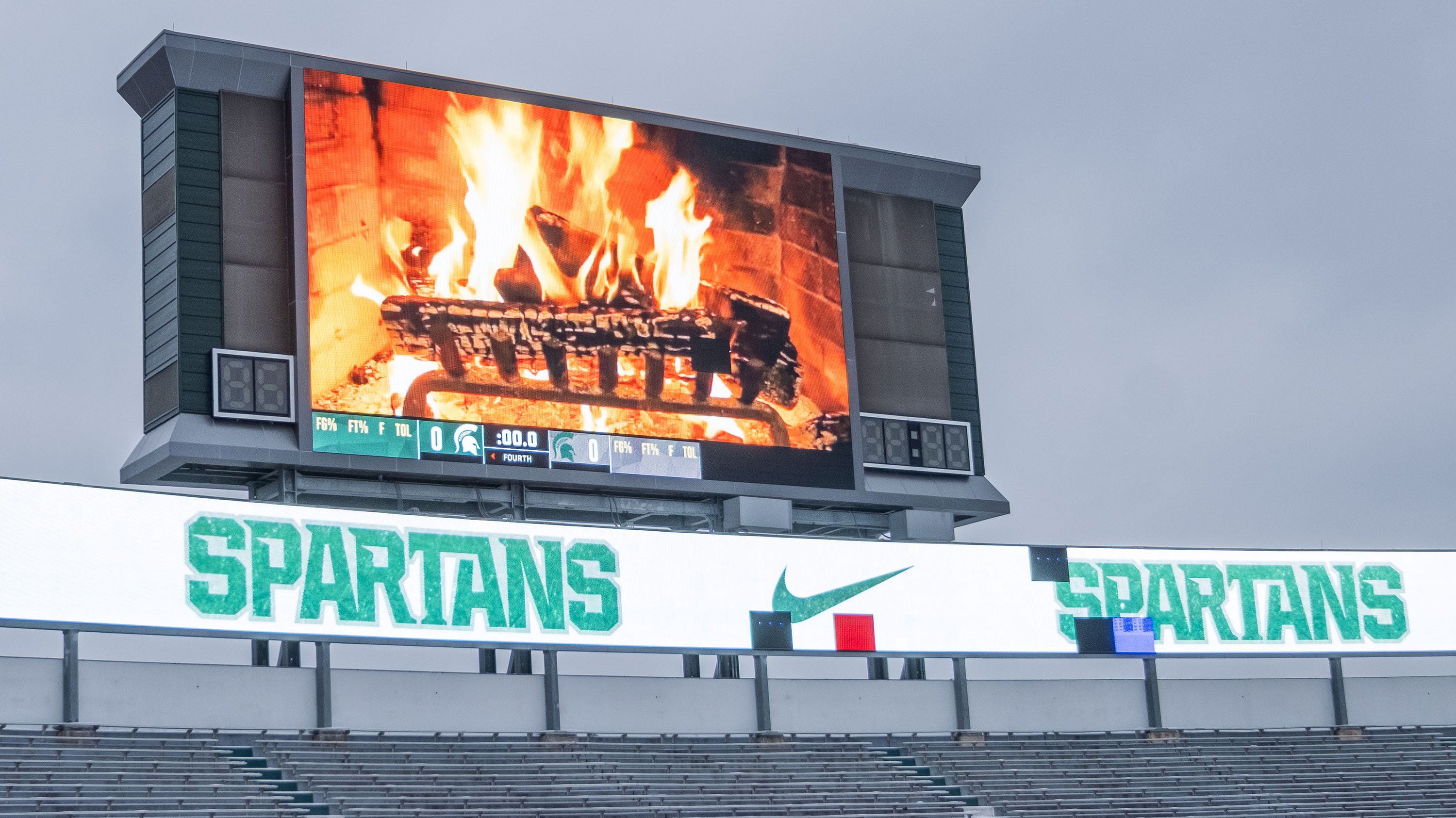 Fireplace display on the Spartan Stadium LED screen