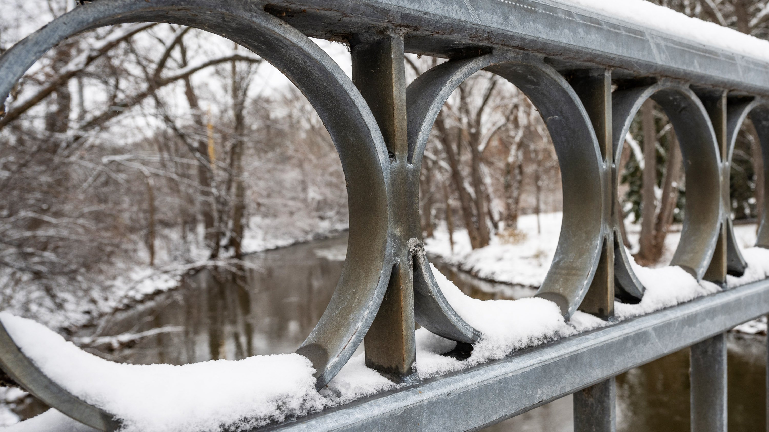 Snow on top of the railing of the Kalamazoo street bridge