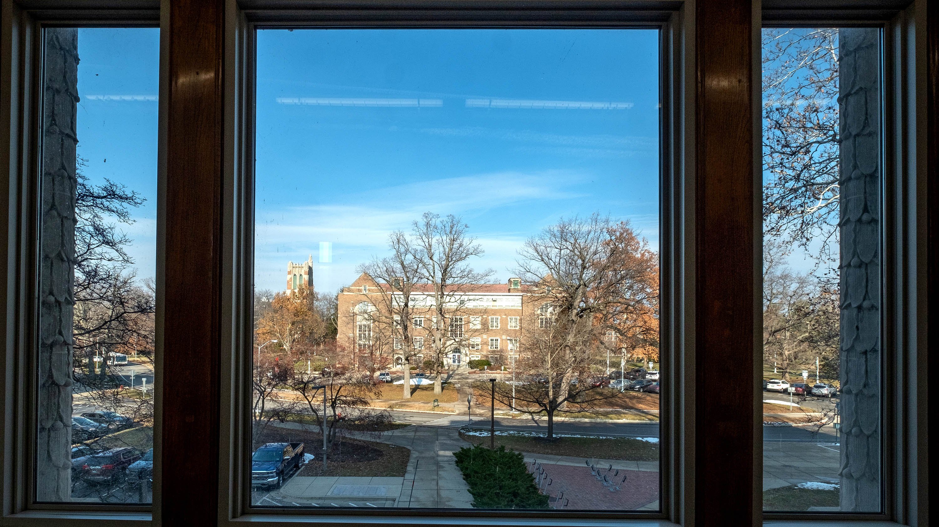 Beaumont Tower, MSU Museum and West Circle Drive, viewed from Olds Hall.