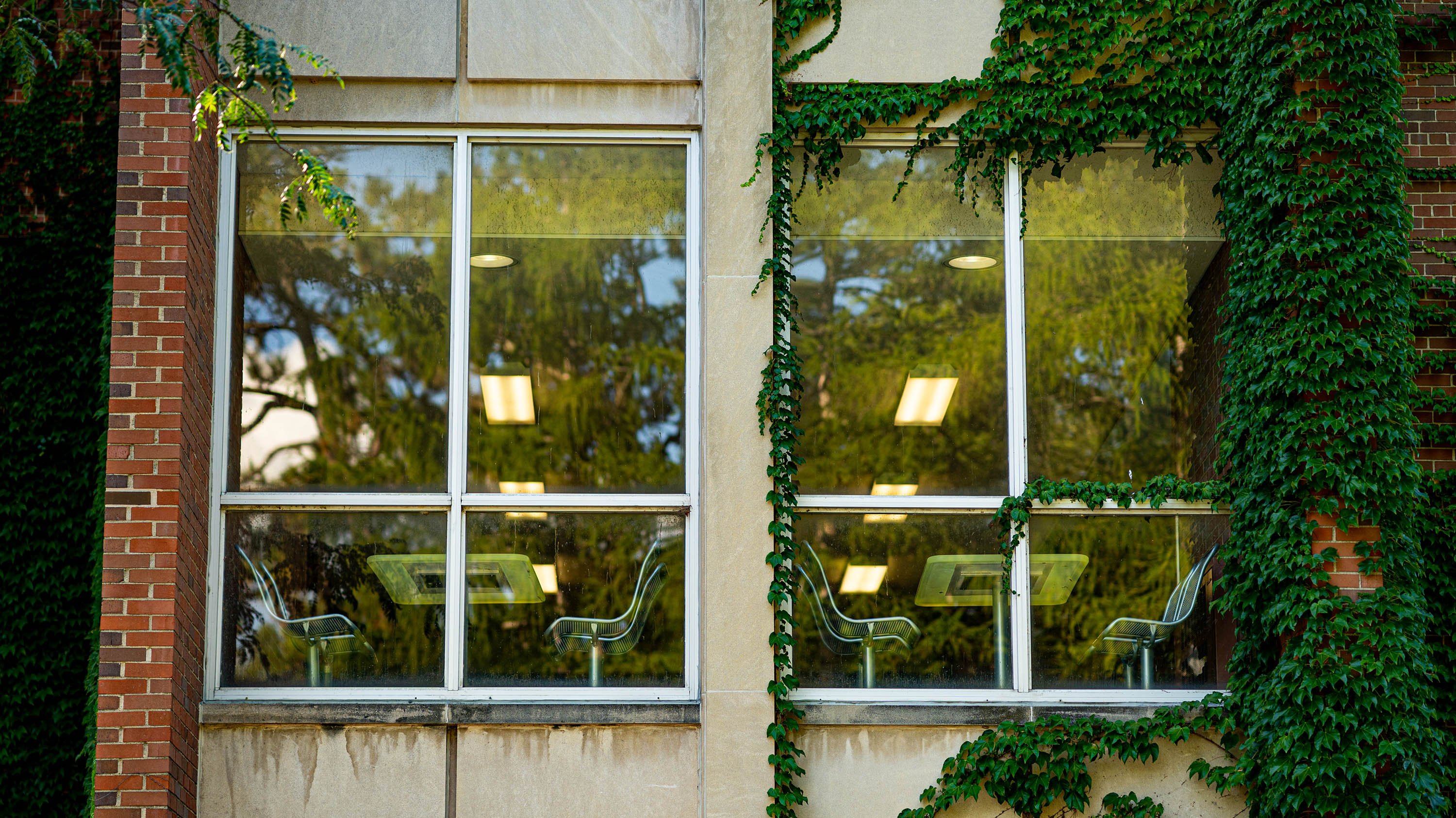 Photo of the outside of Wells hall, showing tables within the window