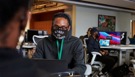 Student at Apple Developer Academy in "Detroit vs. Everybody" mask