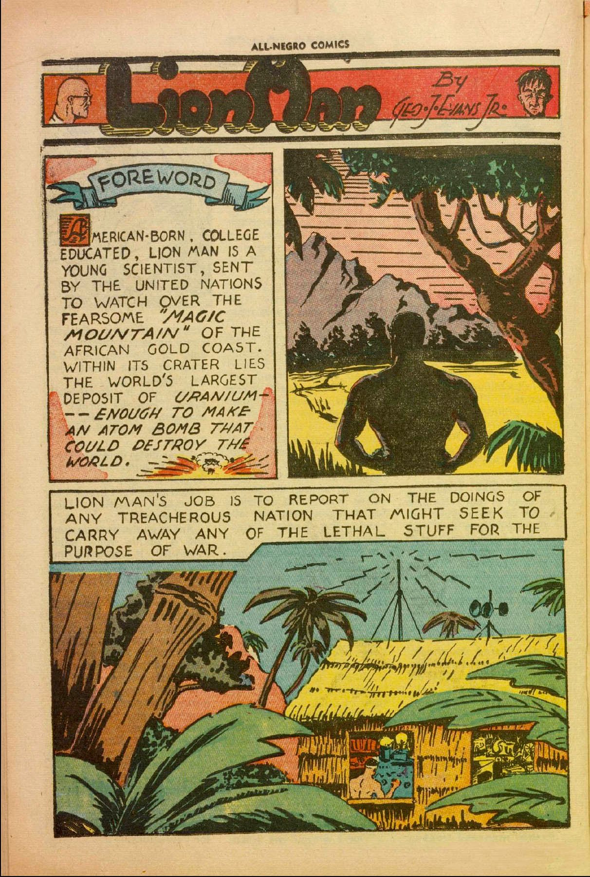 Lion Man Comics page. Text reads: 'Foreword: American Born, college educated, Lion Man is a young scientist sent by the United Nations to watch over the fearsome 'Magic Mountain' of the African Gold Coast. Within its crate lies the world's largest deposit of uranium ? enough to make an atom bomb that could destroy the world. Lion Man's job is to report the doings of any treacherous nation that might seek to carry away any of the lethal stuff for the purpose of war.' 