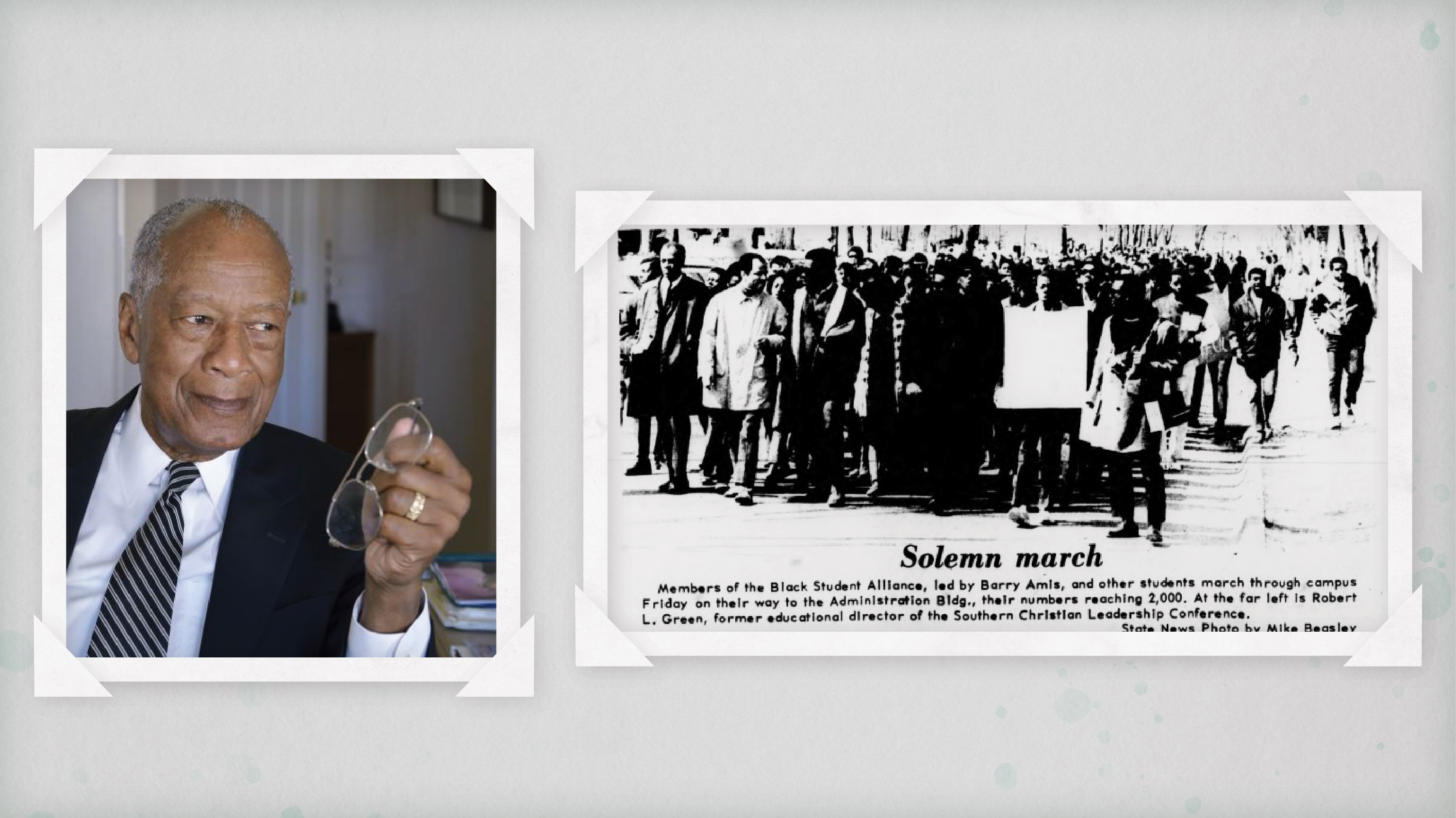 Photo of Robert Green and a newspaper article featuring the Black Student Alliance