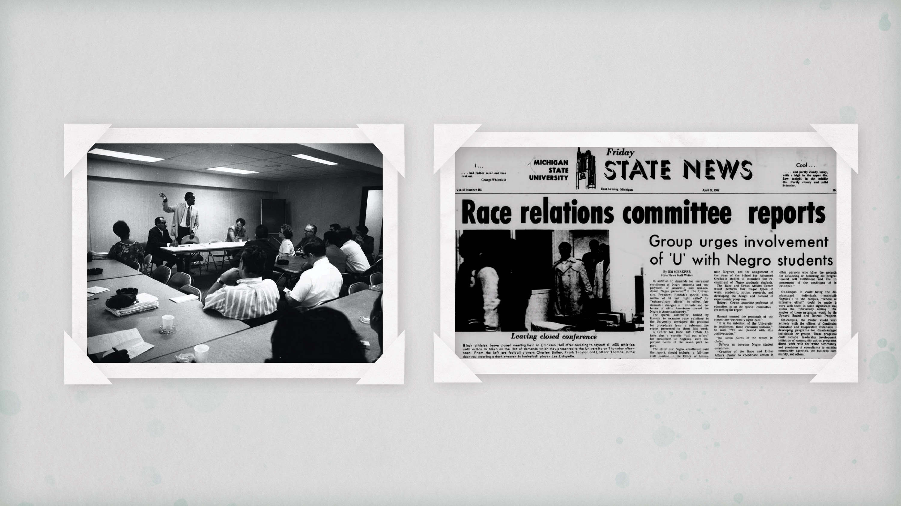 State news article with headline that reads 'Race relations committee reports', and photo of Robert Green and Clifton Wharton in a meeting.