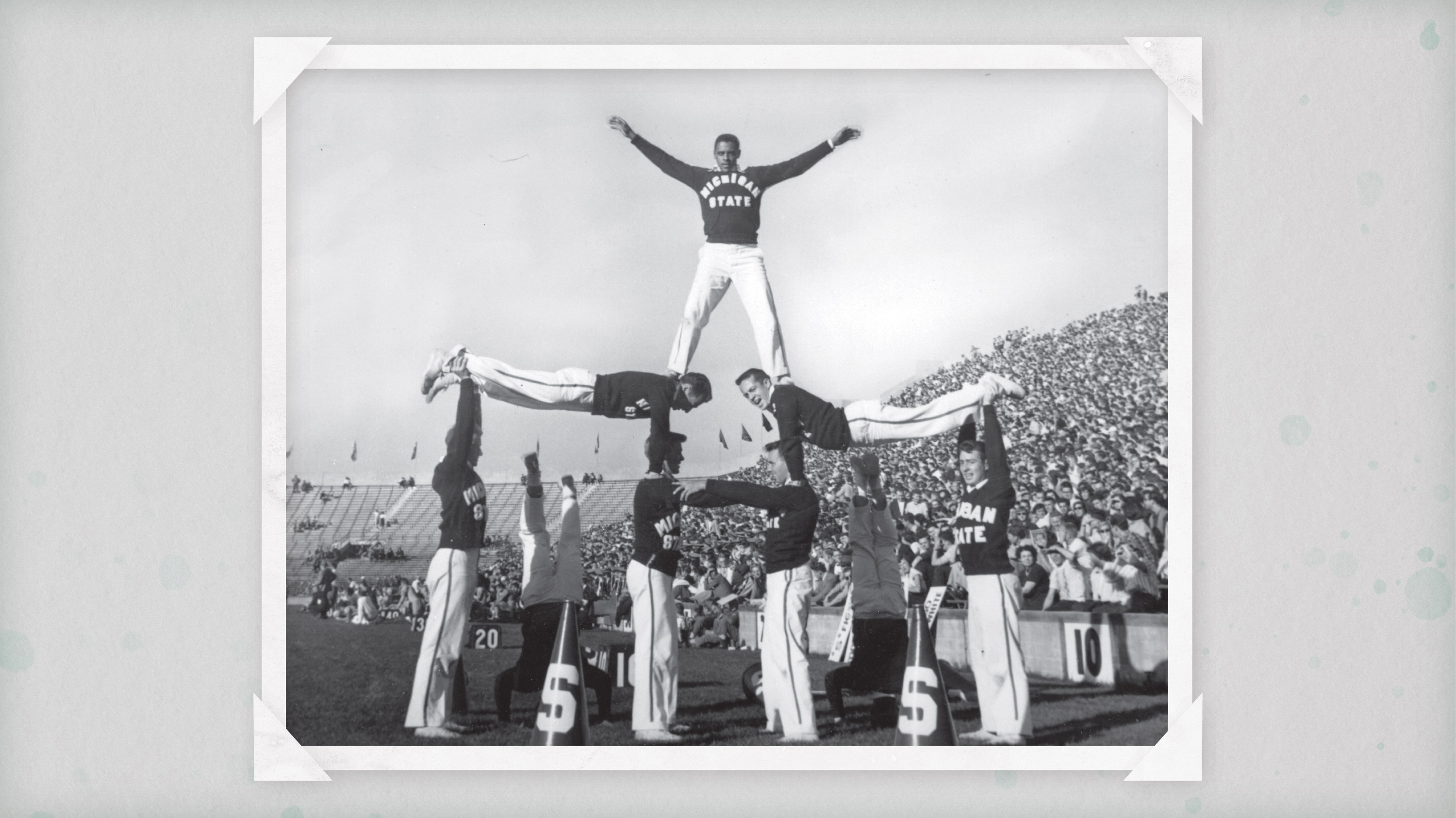 Photo of Don Vest and other MSU Cheerleaders