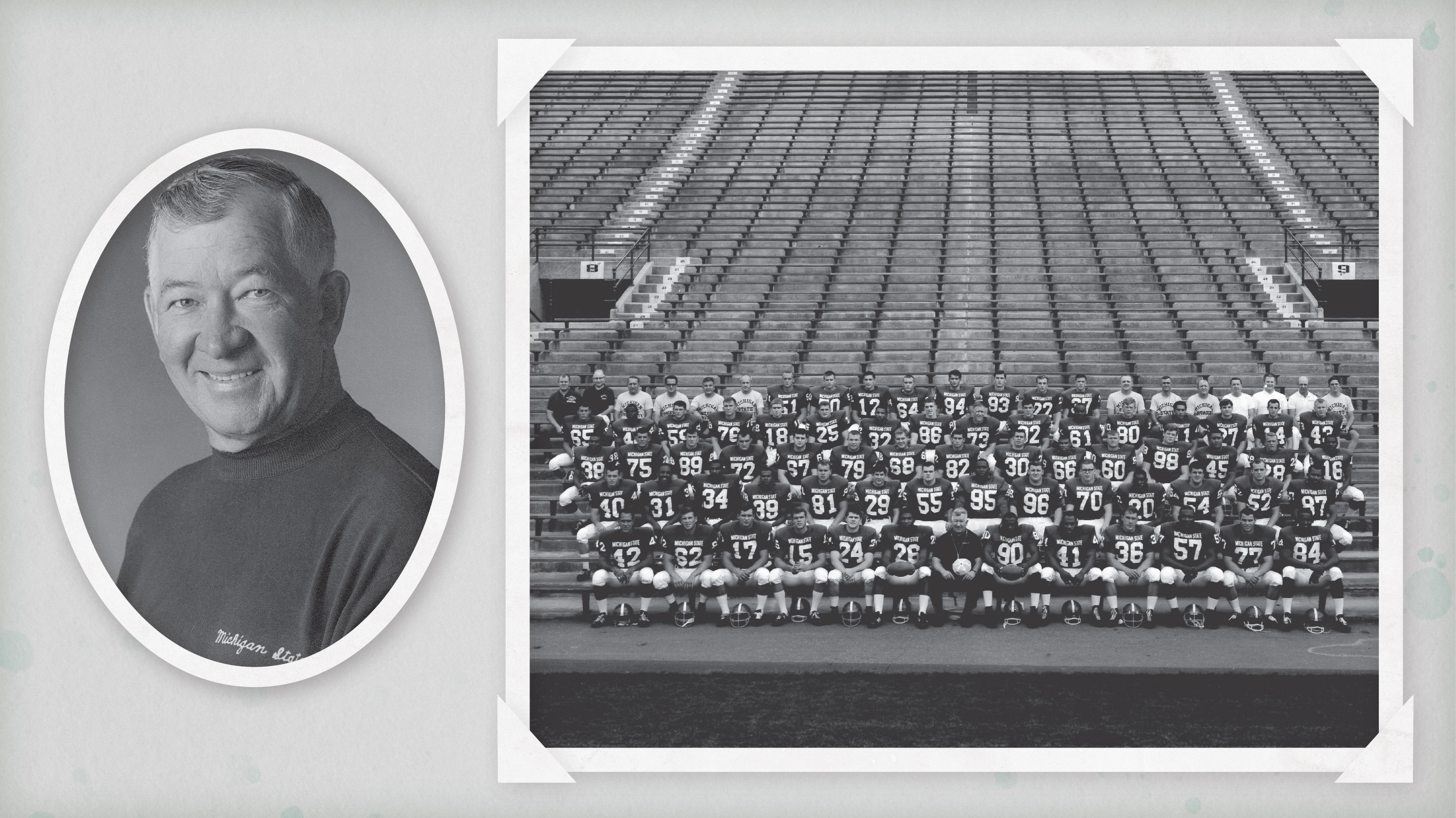 Portrait of Duffy Daugherty and 1966 football team 