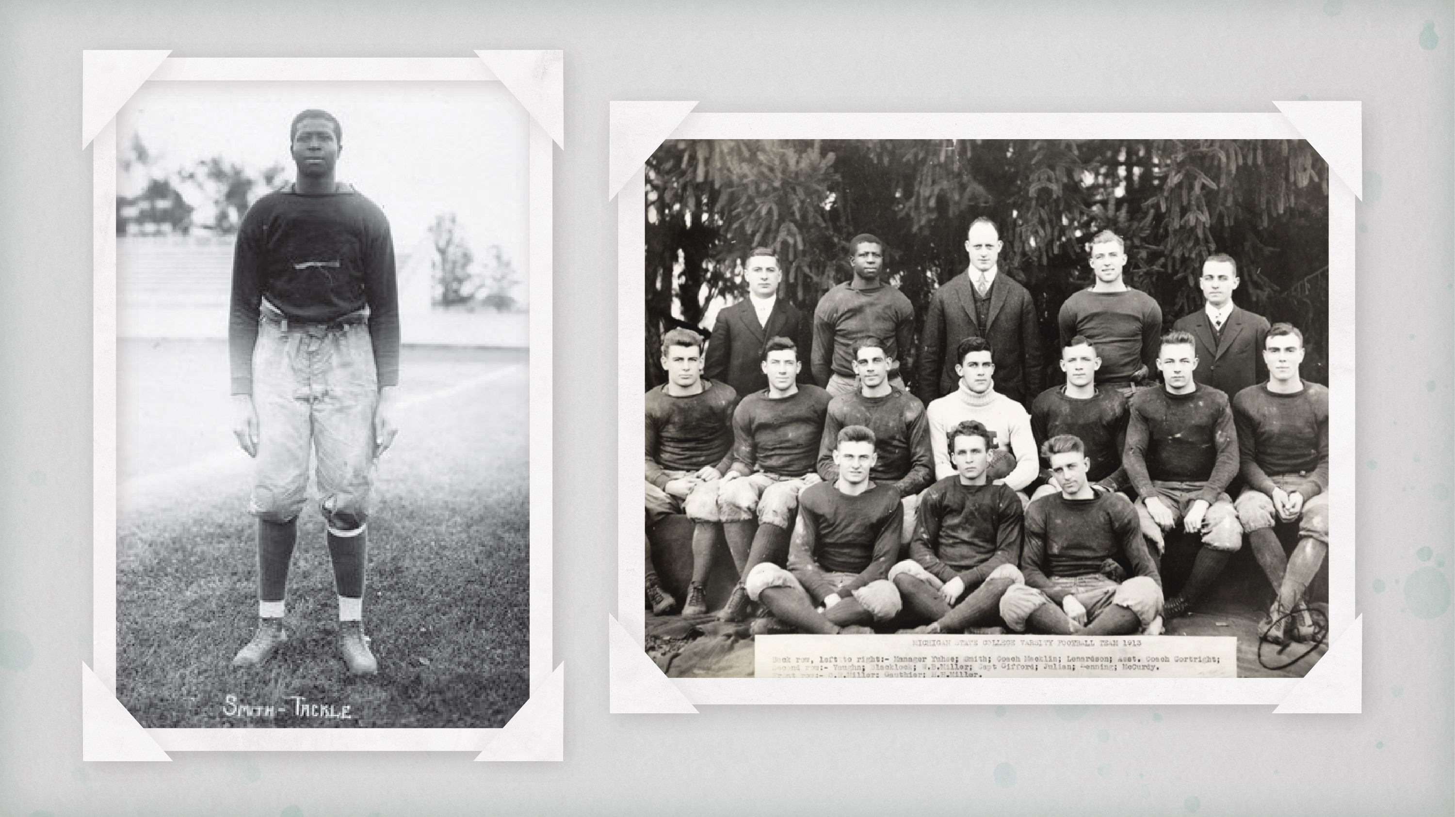 Two photos of Gideon Smith, one individual, and one with the football team