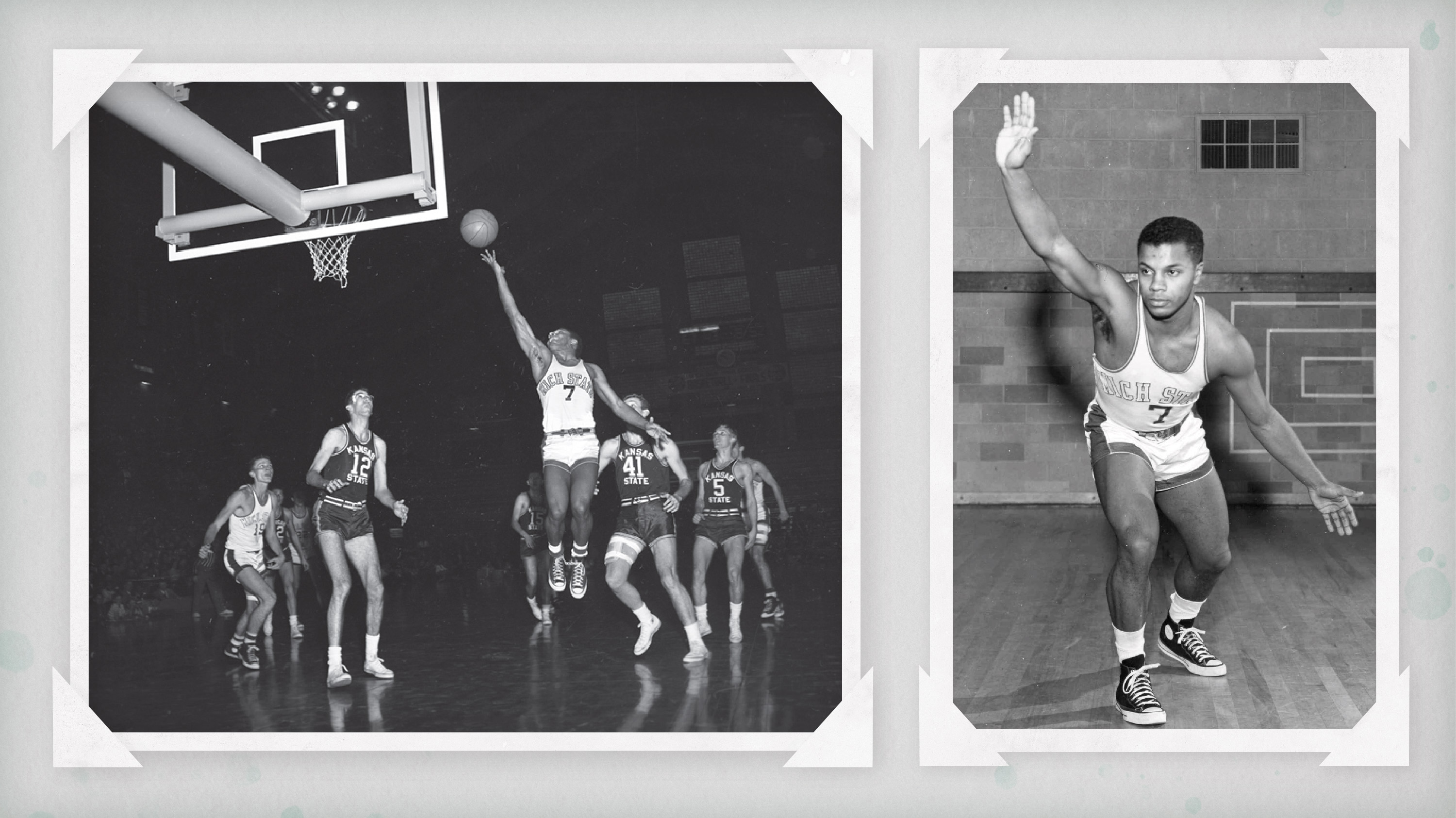 Two photos of Reginald Ayala playing basketball