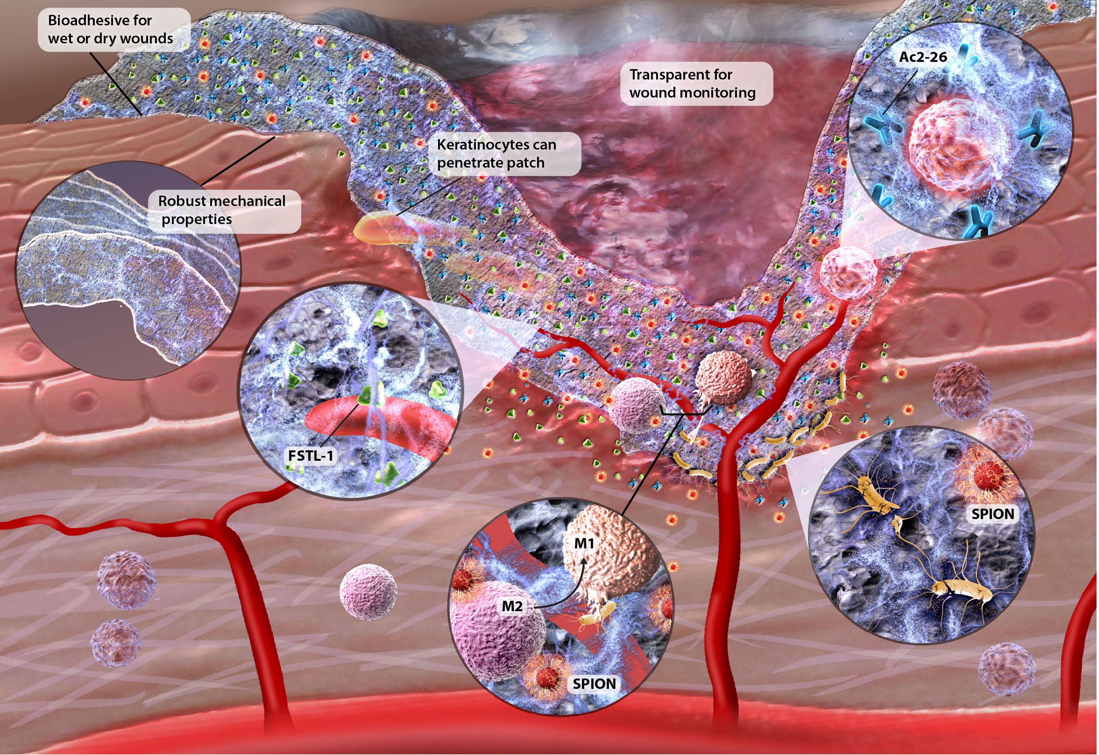An illustrated schematic shows a potential configuration of the clear bandage that molds to the shape of a wound, which is also part of the illustration that penetrates pink skin tissue and exposes red blood vessels. Insets magnify proteins (green triangles labeled FSTL-1) that help blood vessels regenerate, iron oxide nanoparticles (red orbs labeled SPIONs) that fight bacteria and stimulate immune cells (larger orbs labeled M1 and M2) and peptides (blue crosses) that prevent the immune response from becoming too aggressive.