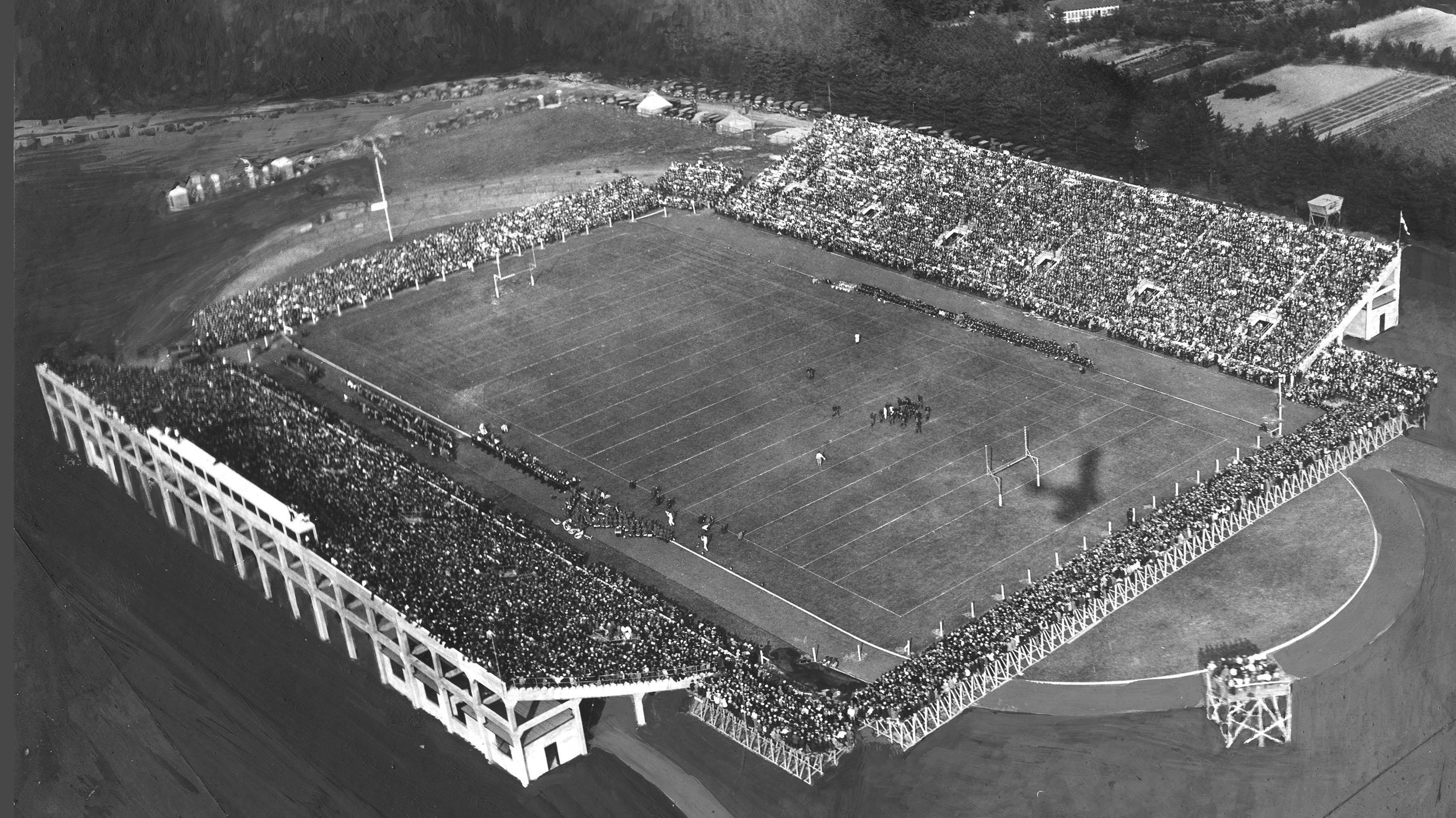 Black and white image of Macklin Field in 1924