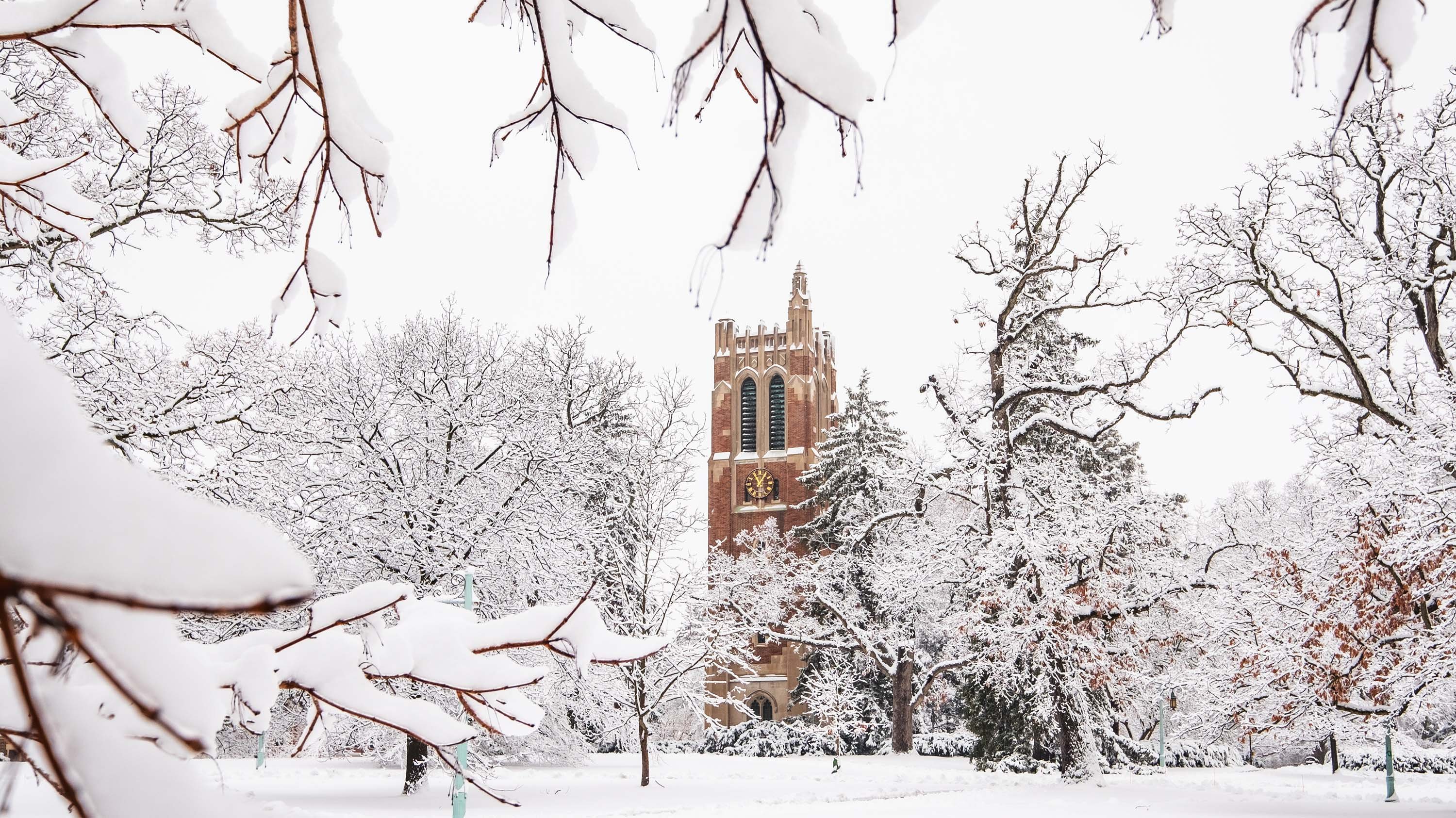 Snowman in front of Beaumont tower
