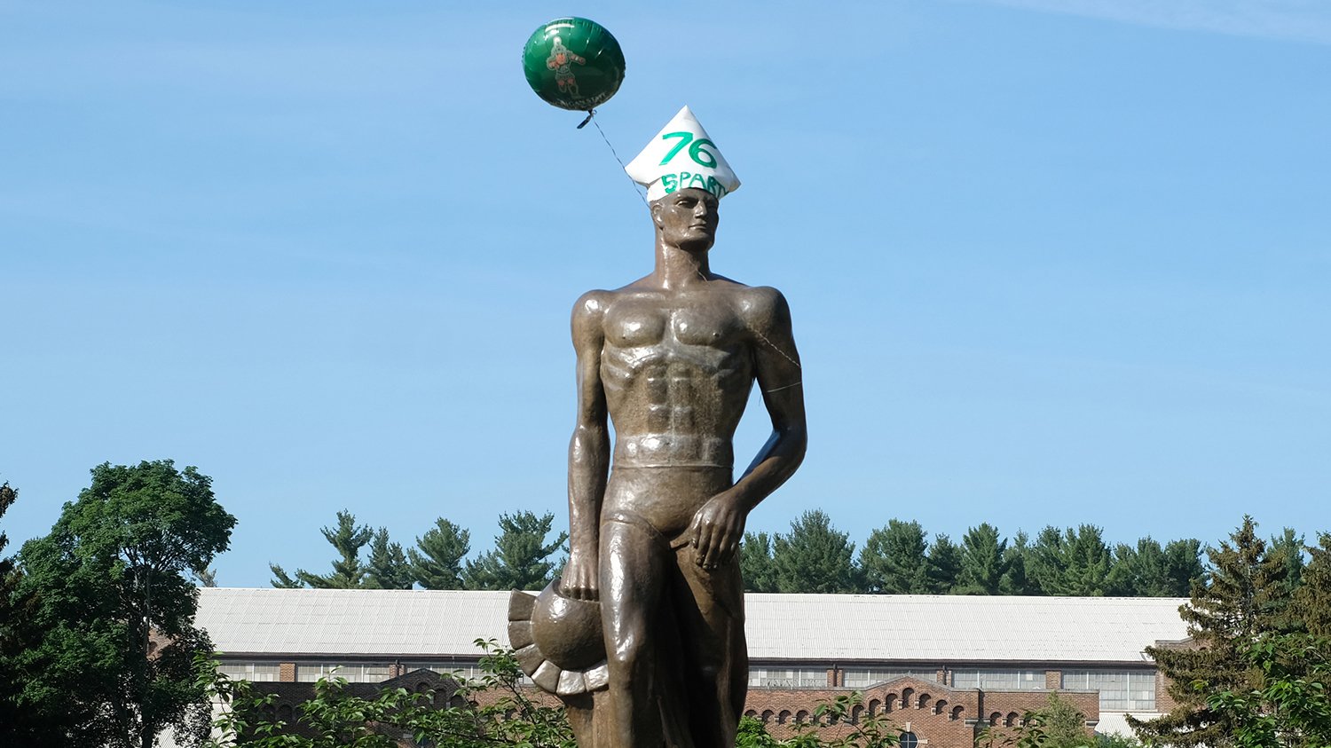 Sparty Statue with birthday hat on