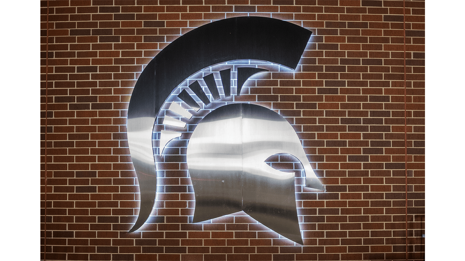 Spartan Helmet on the wall of the Jack Breslin Student Events Center