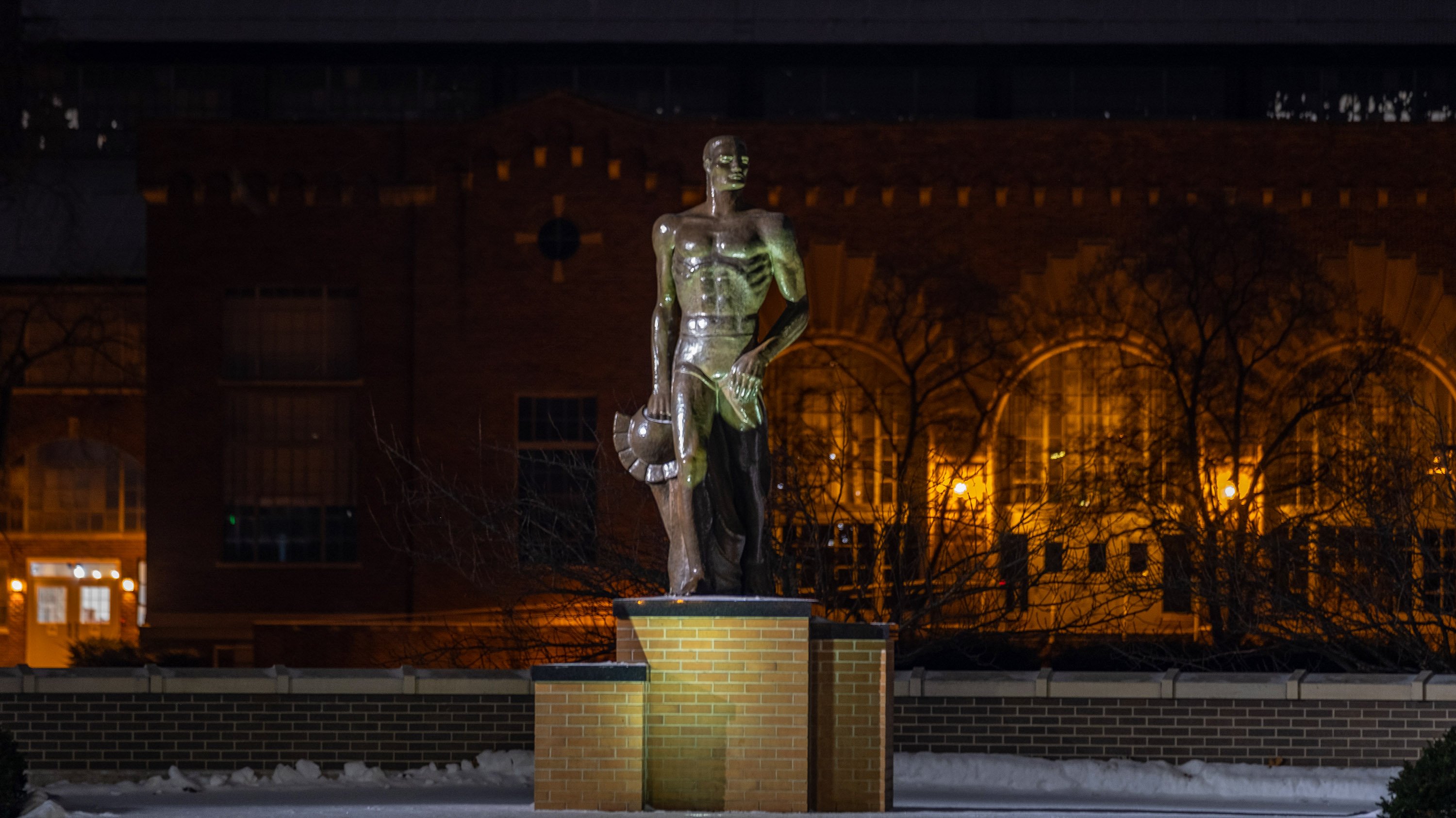 The Spartan statue at night