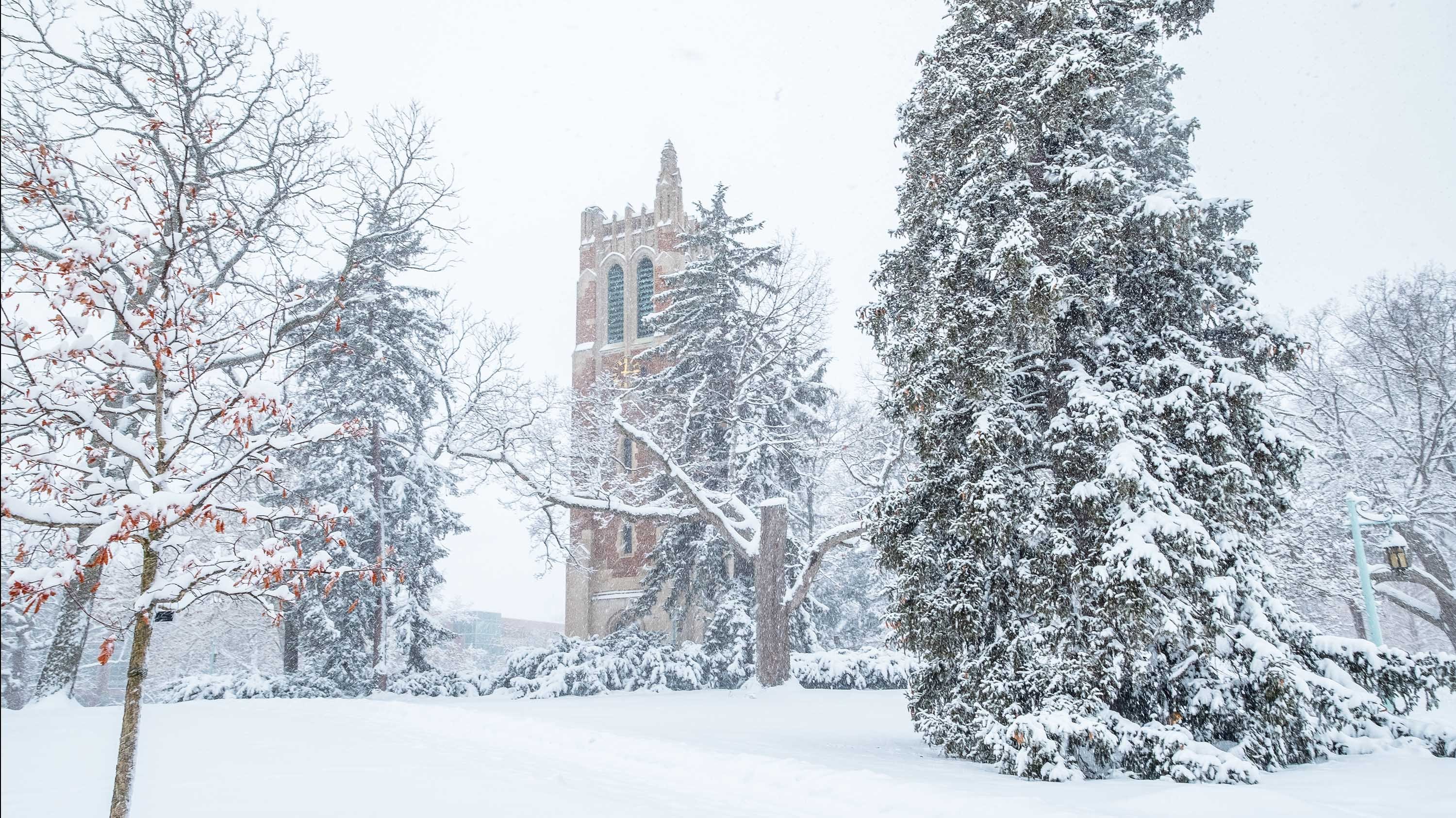 Beaumont Tower seen on campus during winter storm