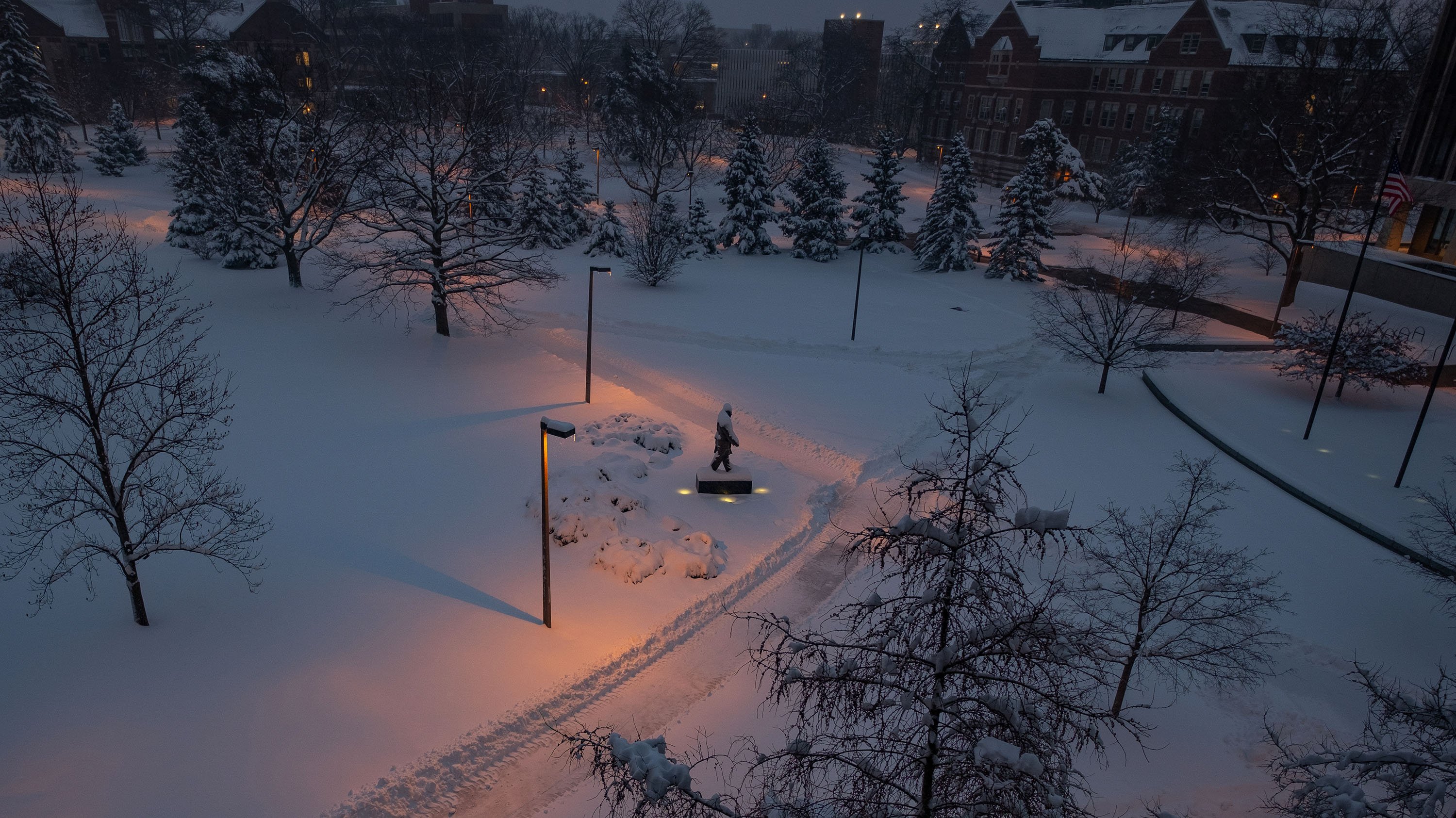 Campus near Hannah Administration building at night