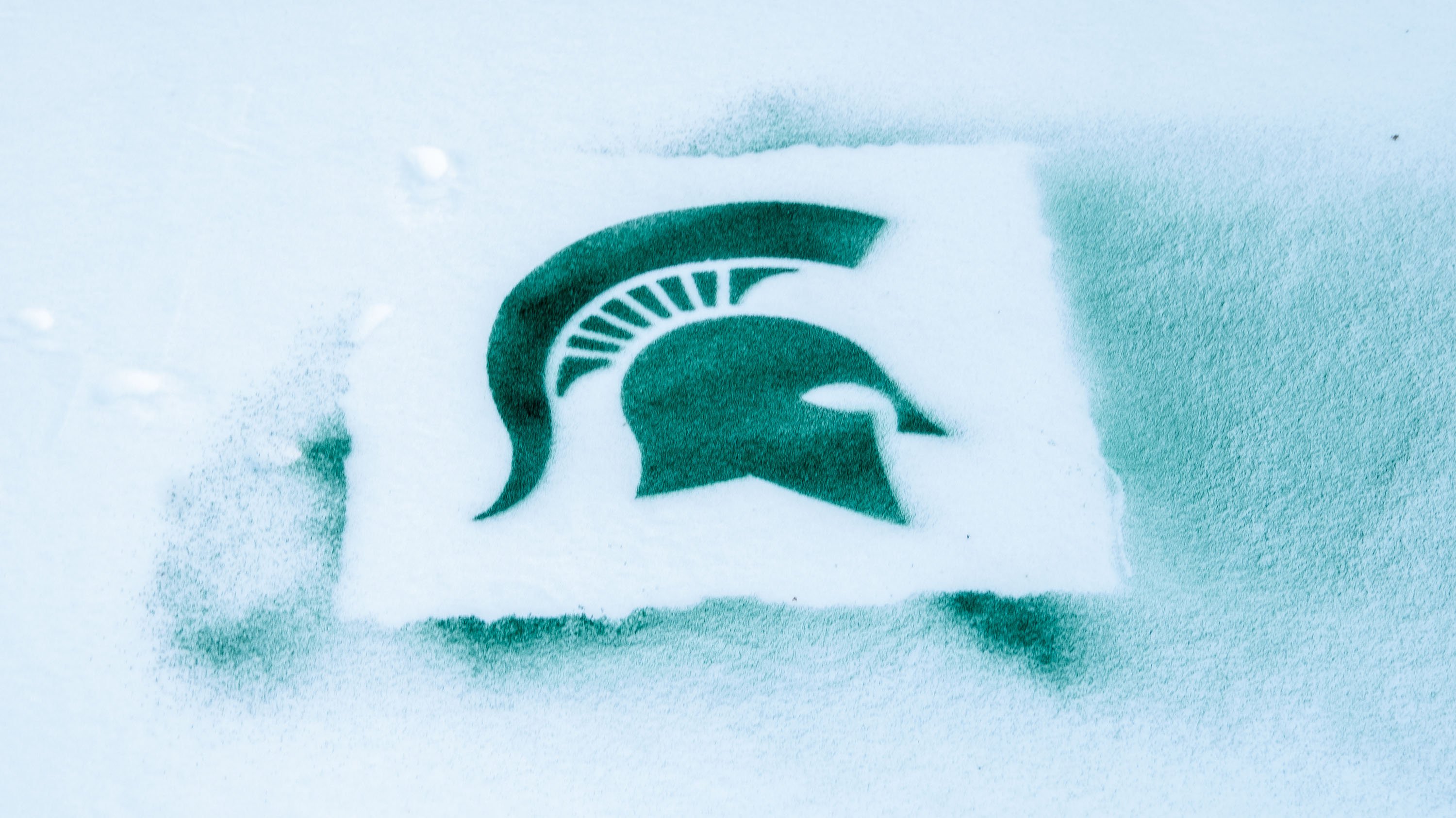 Spartan helmet spray-painted in snow