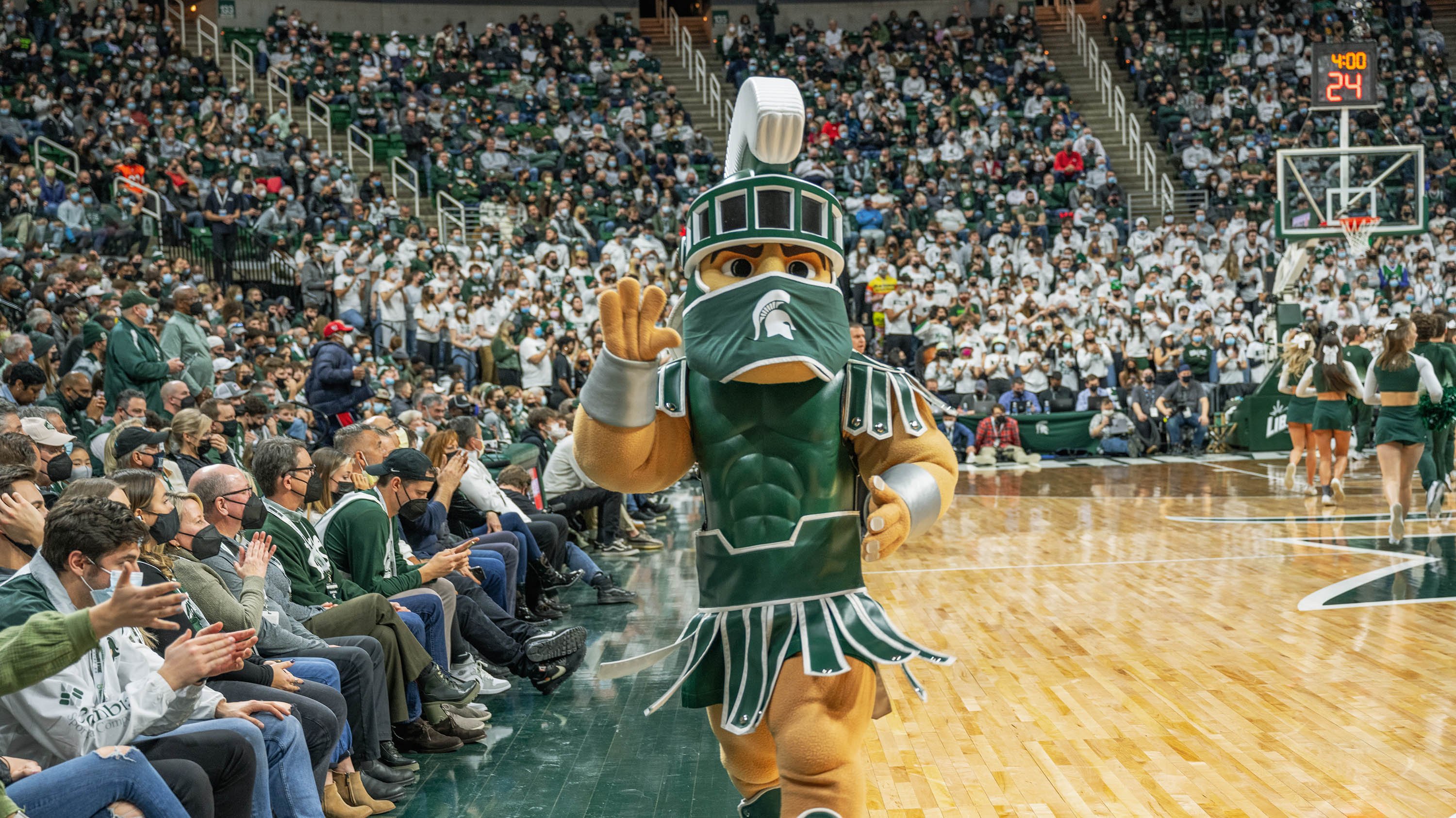 Sparty mascot at an MSU basketball game