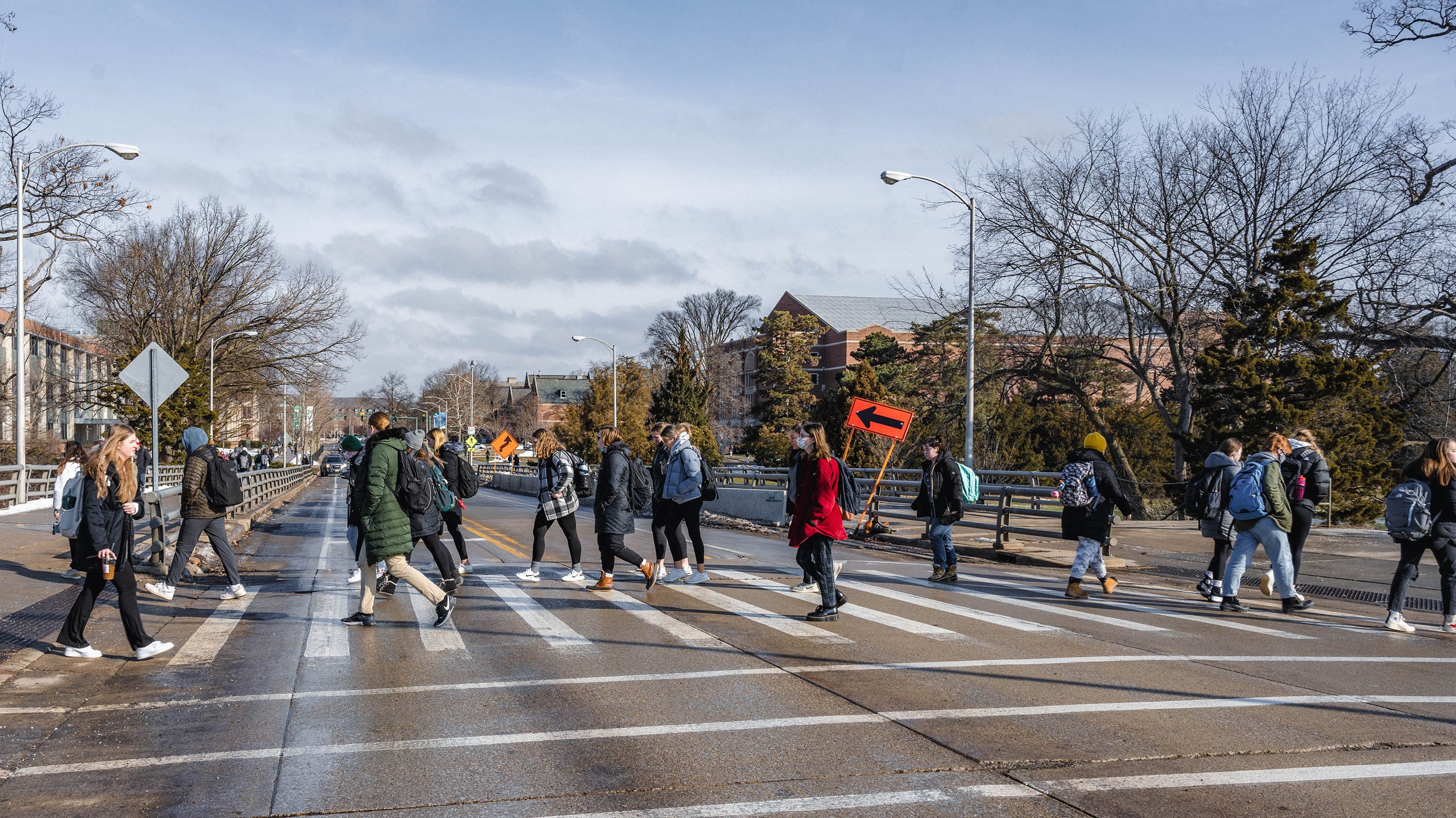 Students crossing Farm Lane on winter day