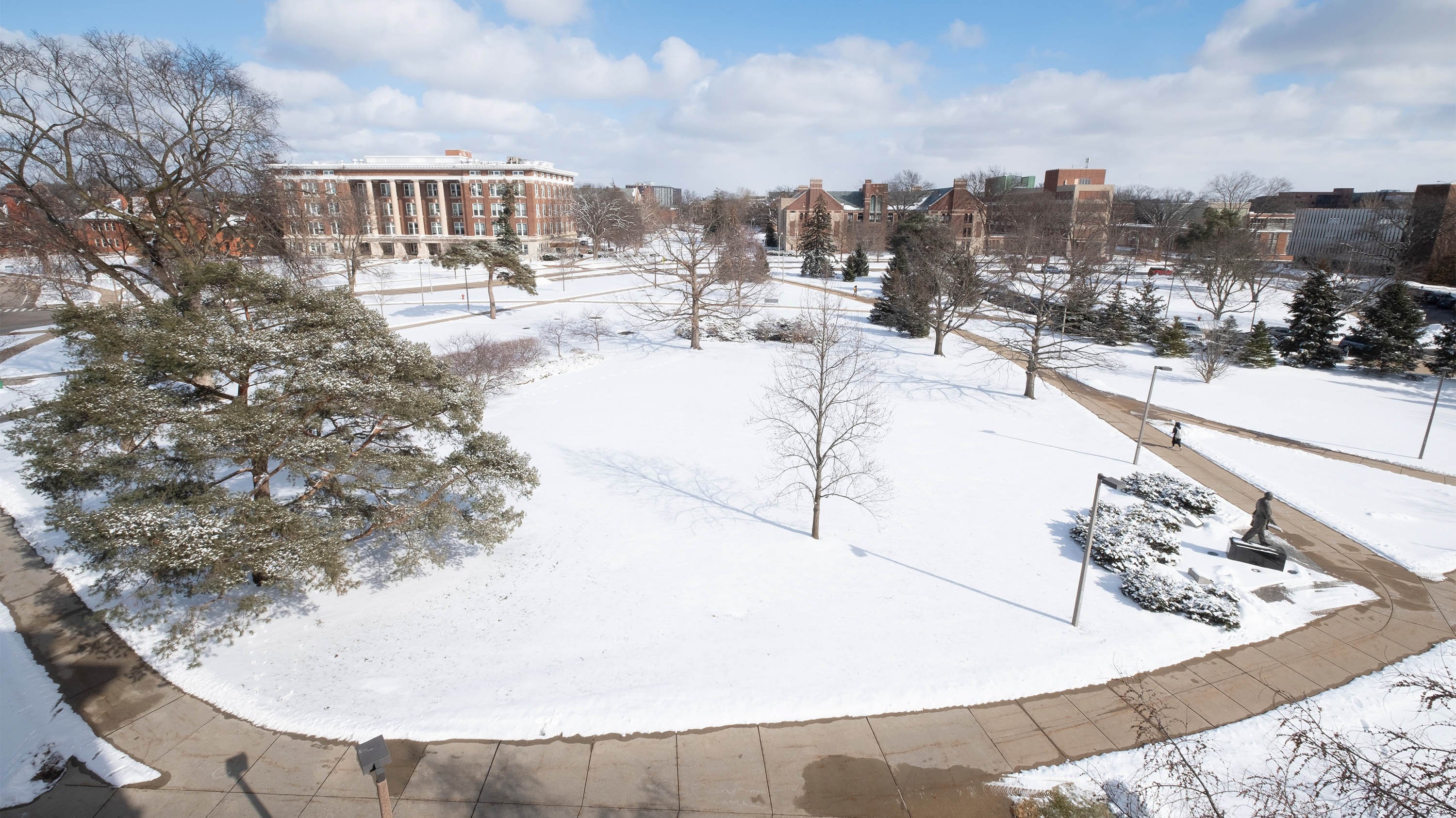A heart shape is revealed by the sidewalk and landscaping near Justin Morrill Agriculture Hall, Kedzie and Hall Hannah Plaza on winter day.