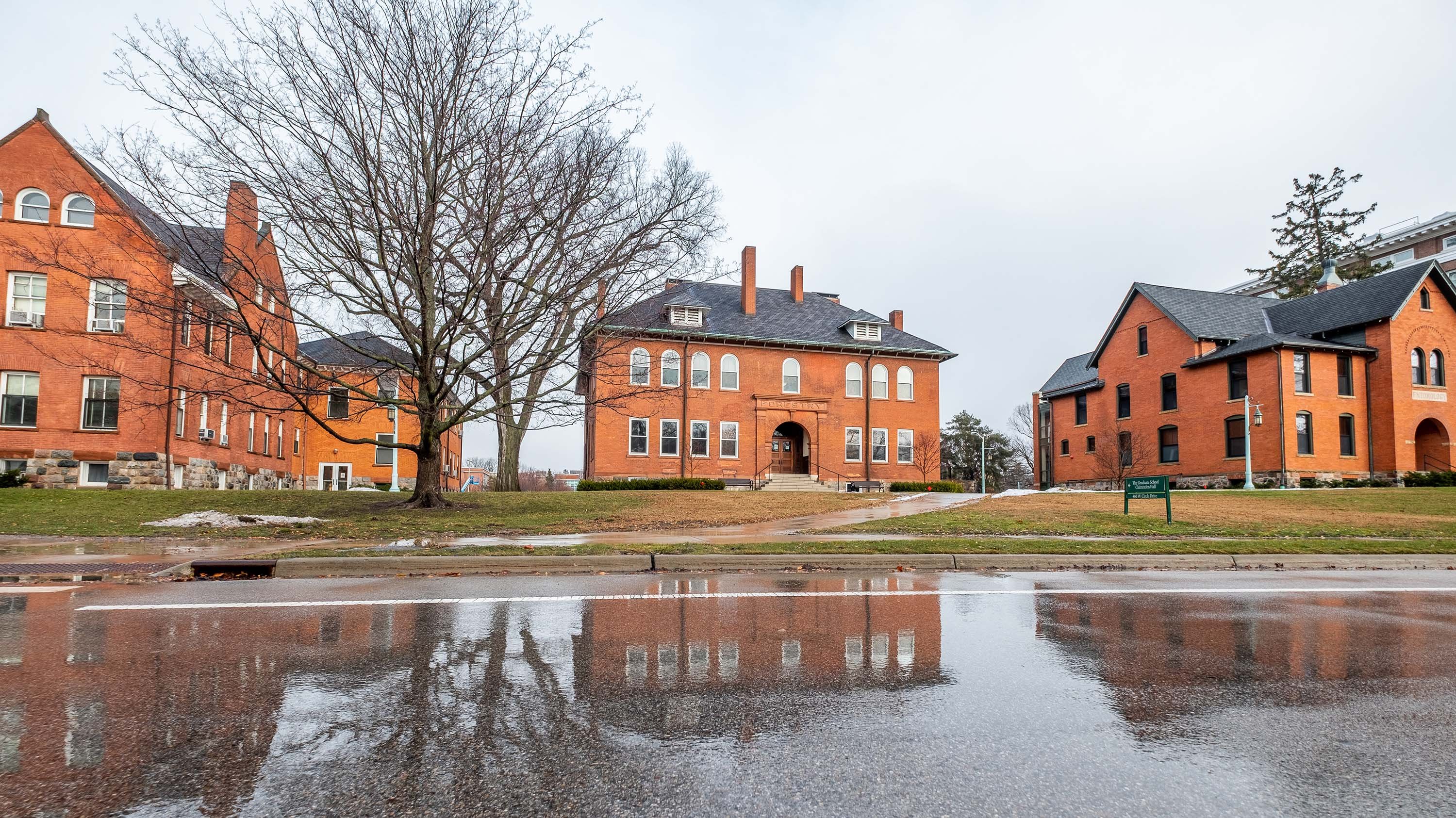 Wet pavement reflects buildings along West Circle Drive