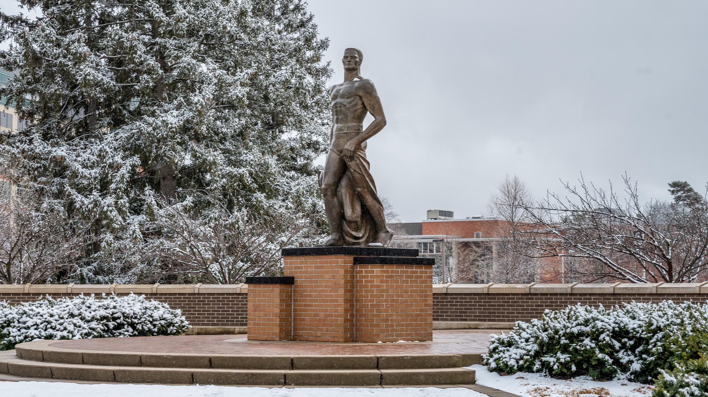 Spartan Statue covered in snow
