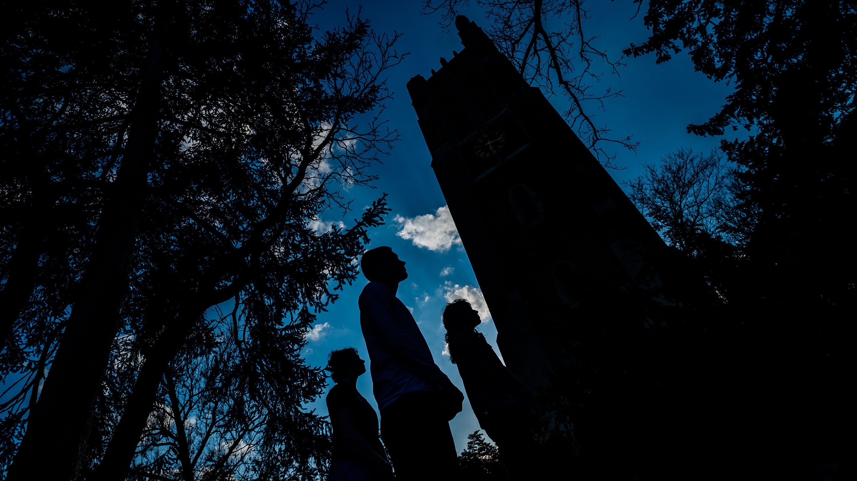 Silhouetted image of trees, three students and Beaumont Tower