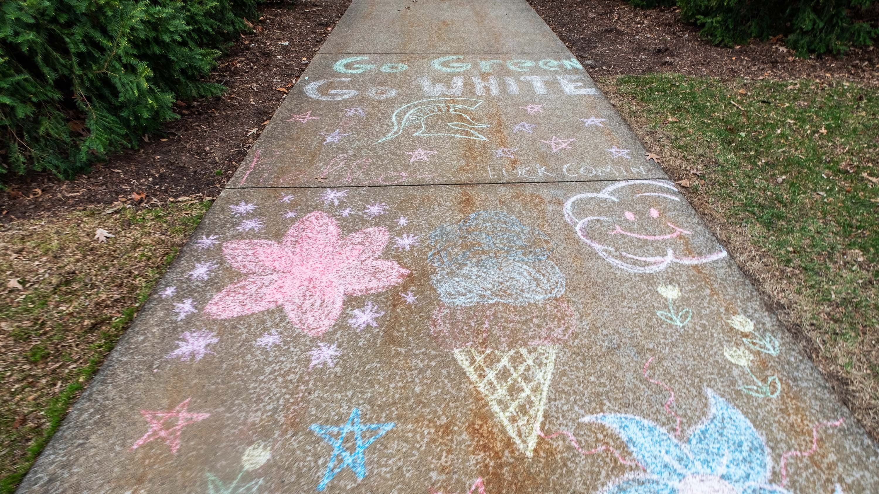 Sidewalk chalk drawings near Beaumont Tower