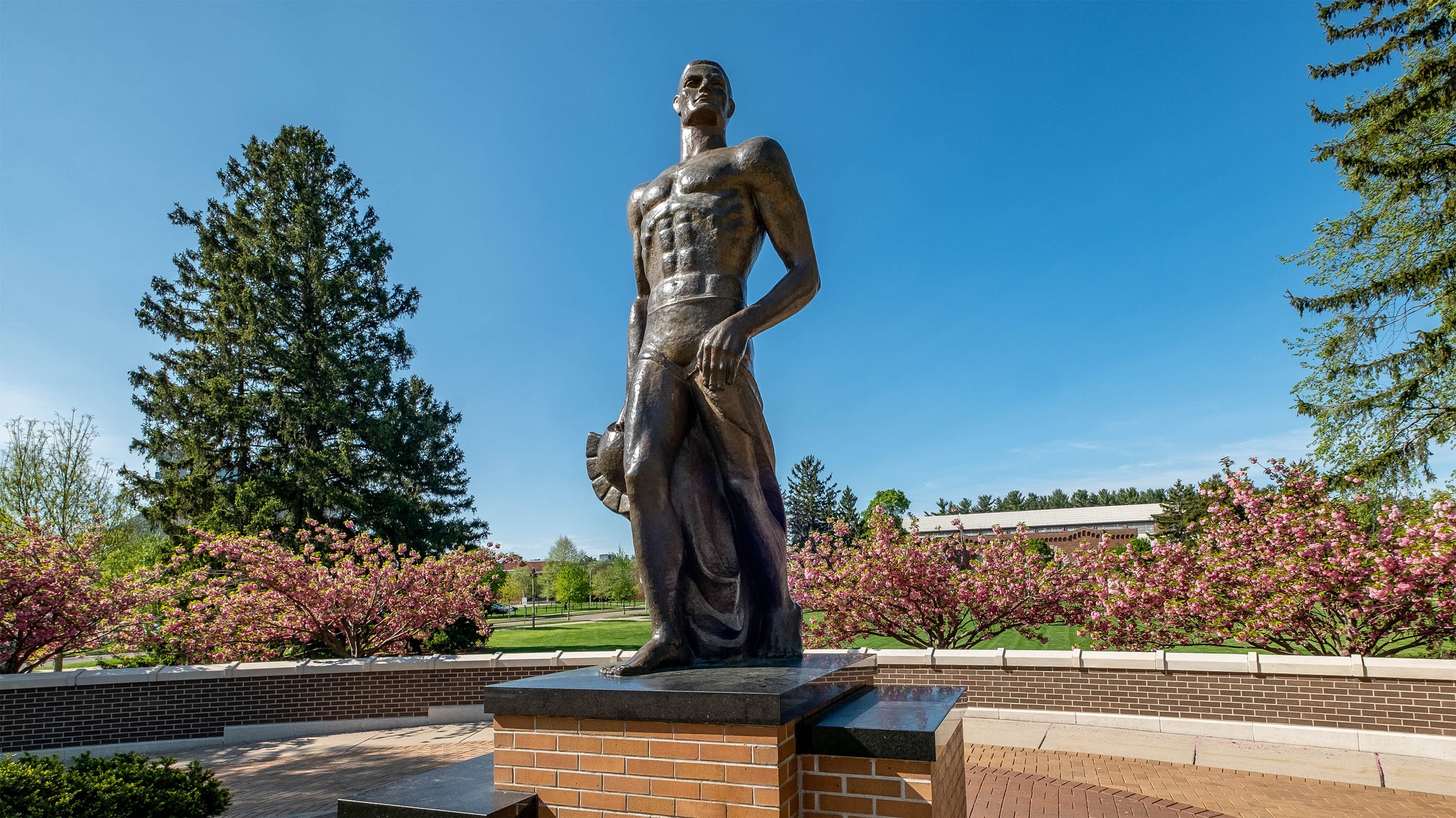 Spartan Statue in front of rows of pink flowering trees