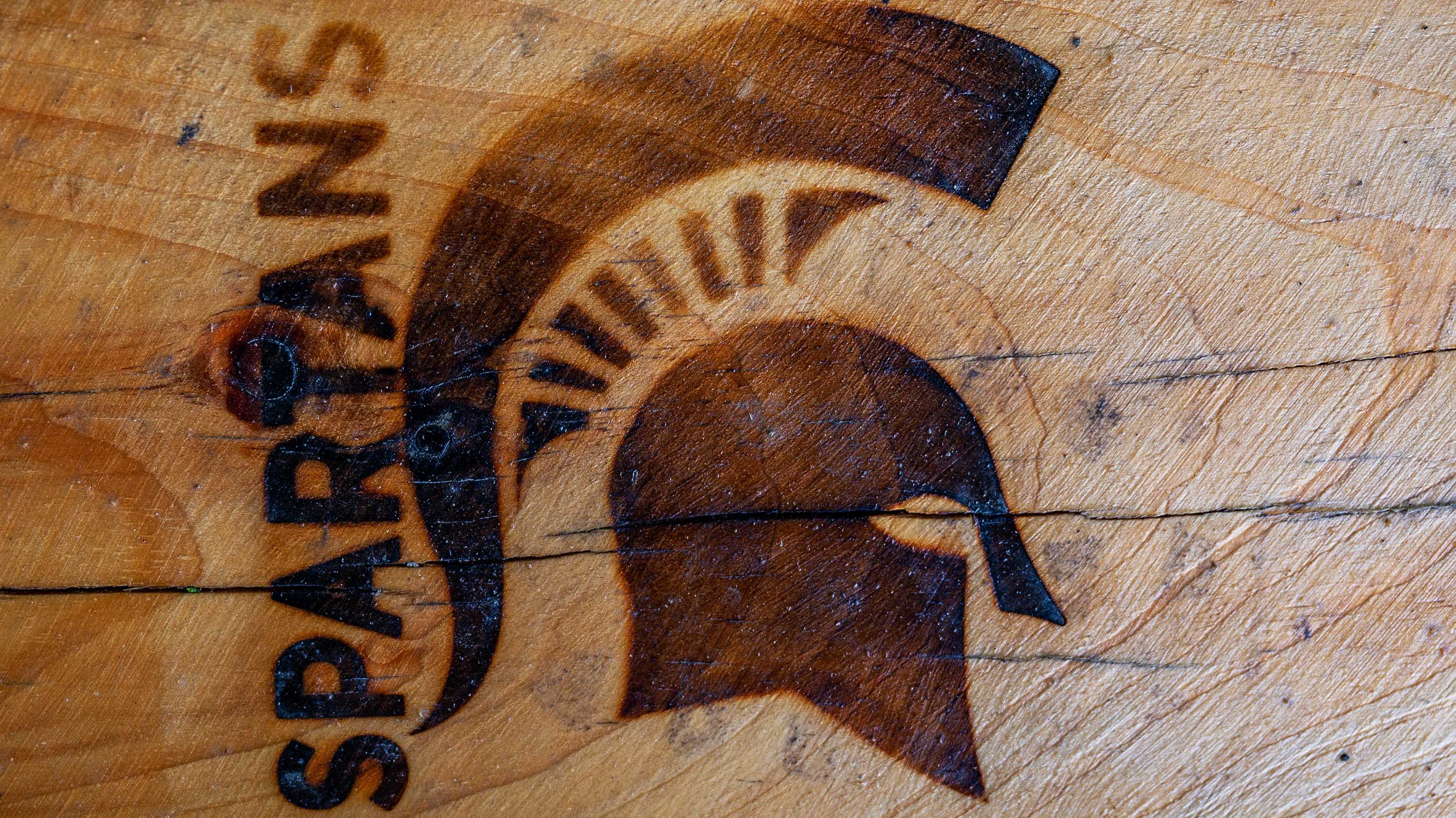 Spartan helmet branded into wood