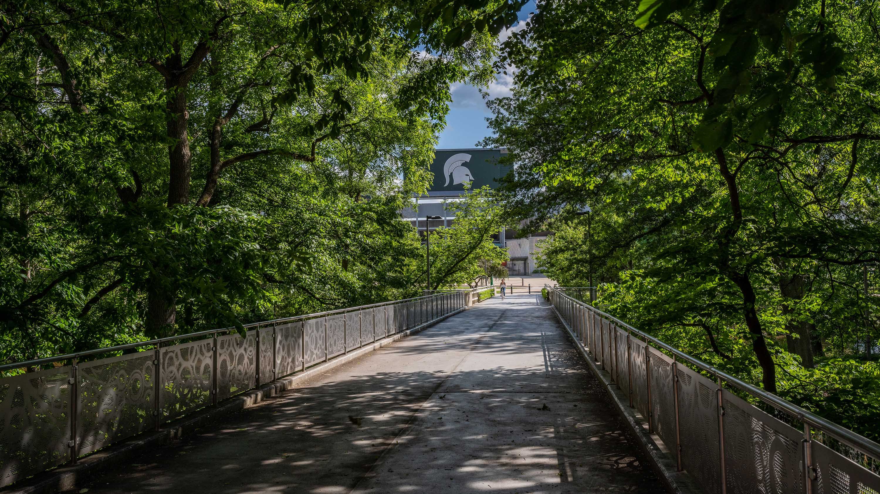 Spartan stadium seen over library bridge