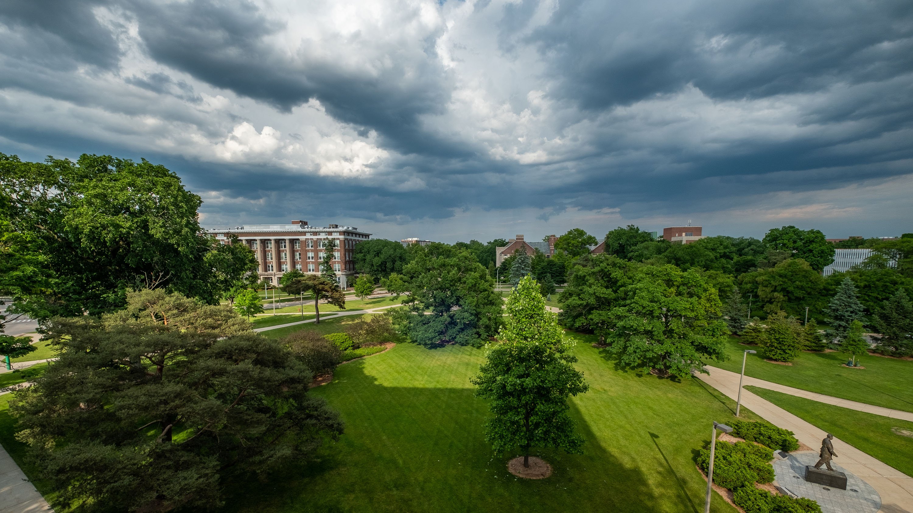 Dark clouds in sky over campus