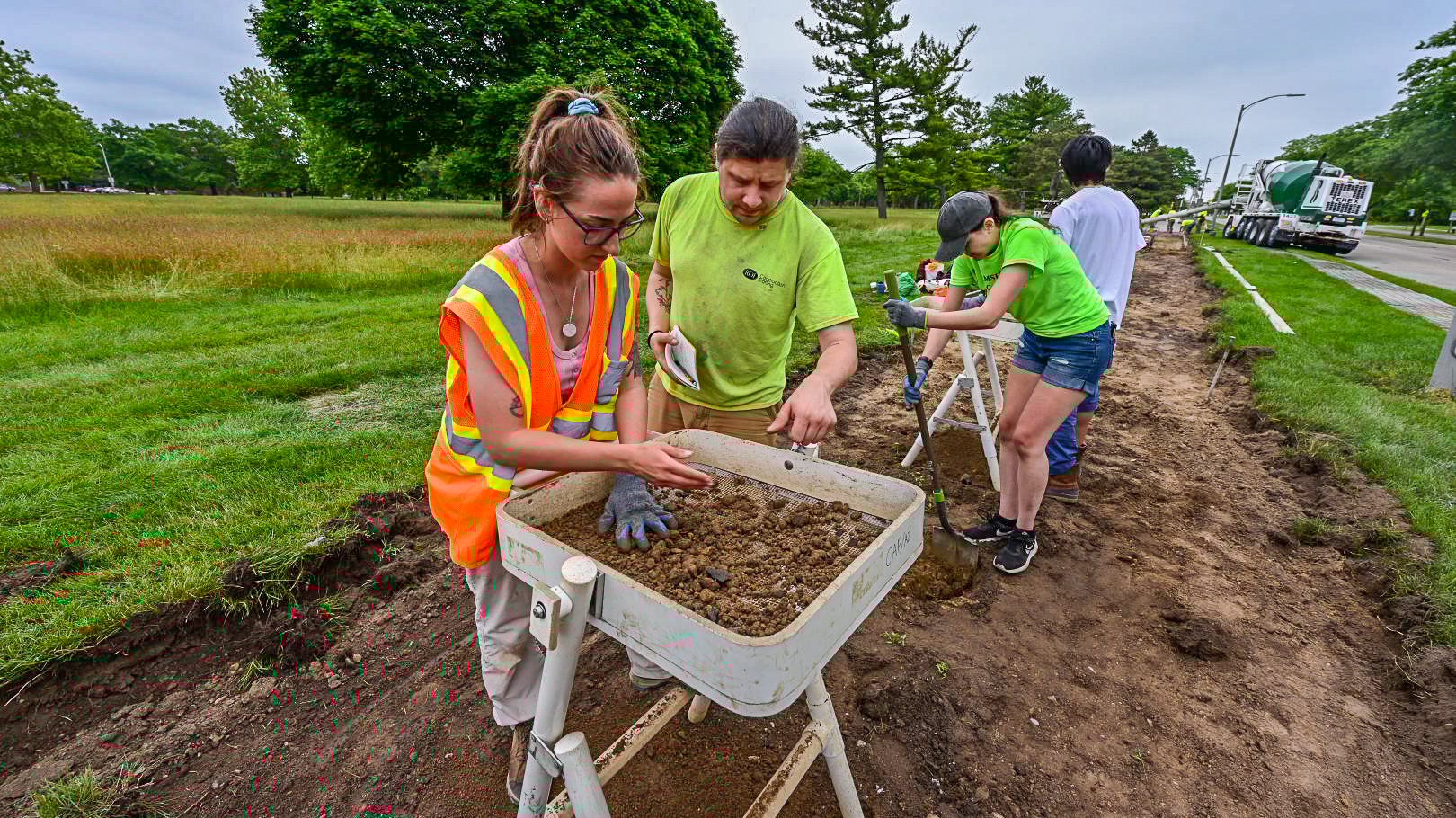 Undergraduate and graduate students in the MSU Campus Archaeology Program working in the Cherry Lane parcel along Harrison Road