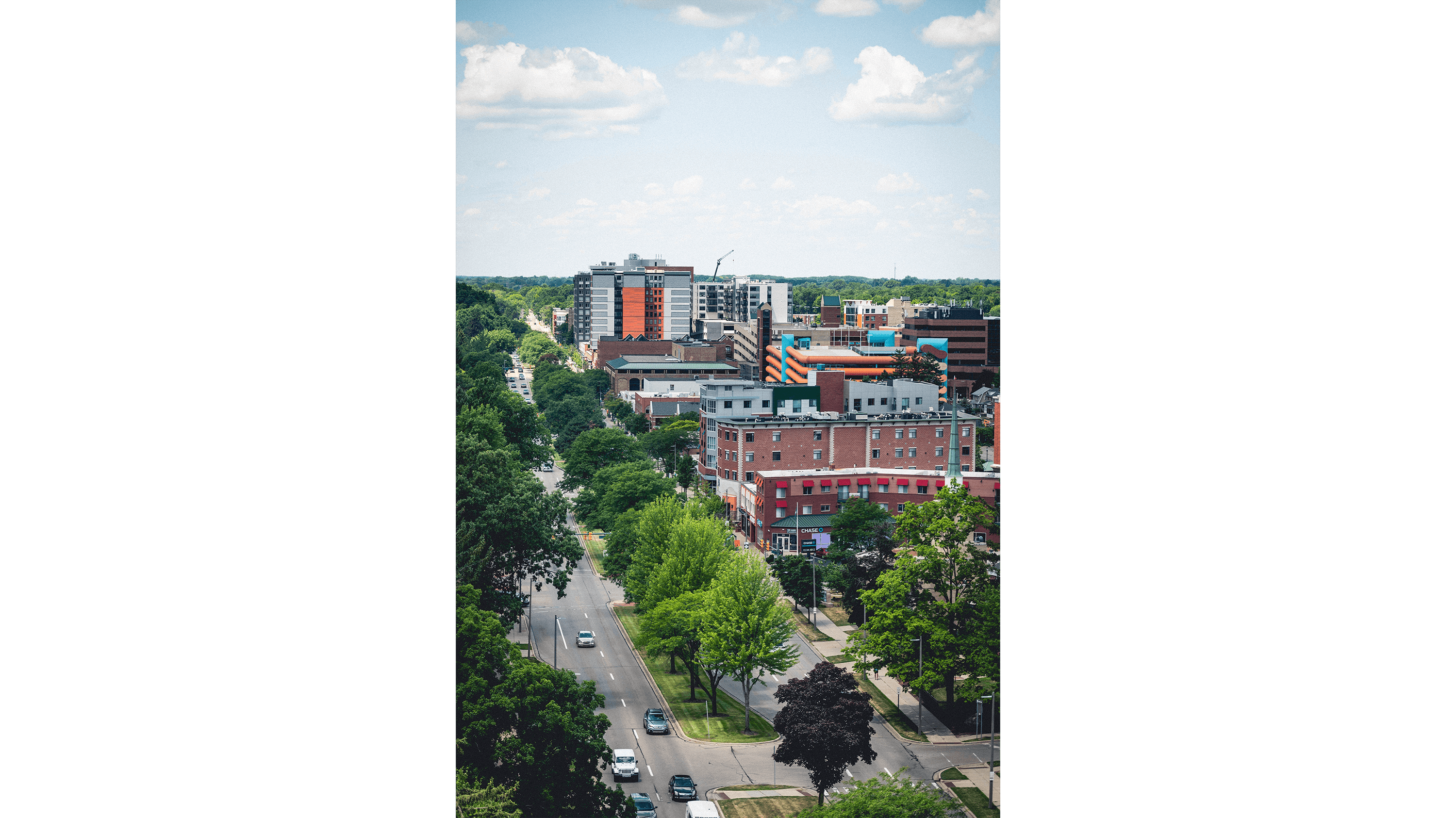 Birds-eye view of Grand River/Downtown East Lansing