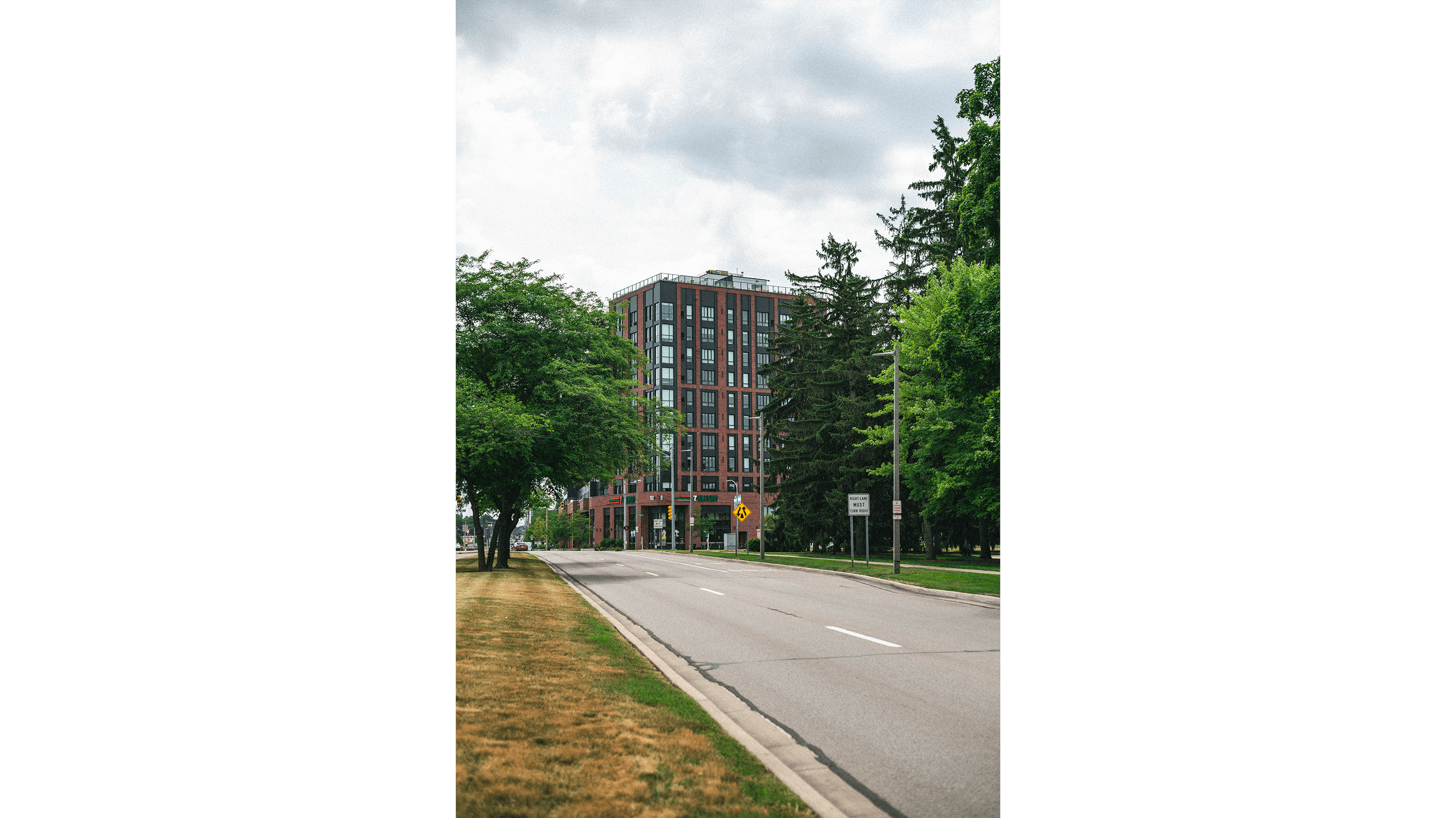The Hub apartment complex along Grand River Ave