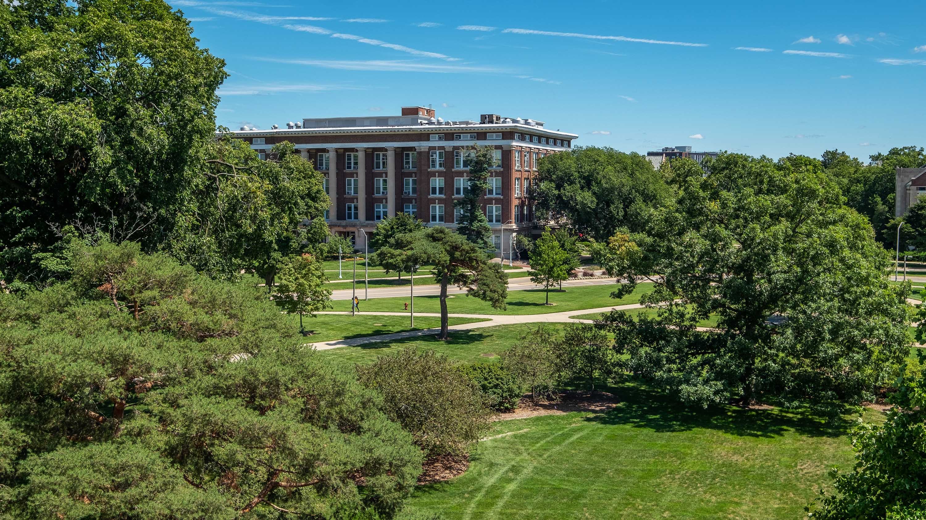 View of campus from the window of Olds Hall
