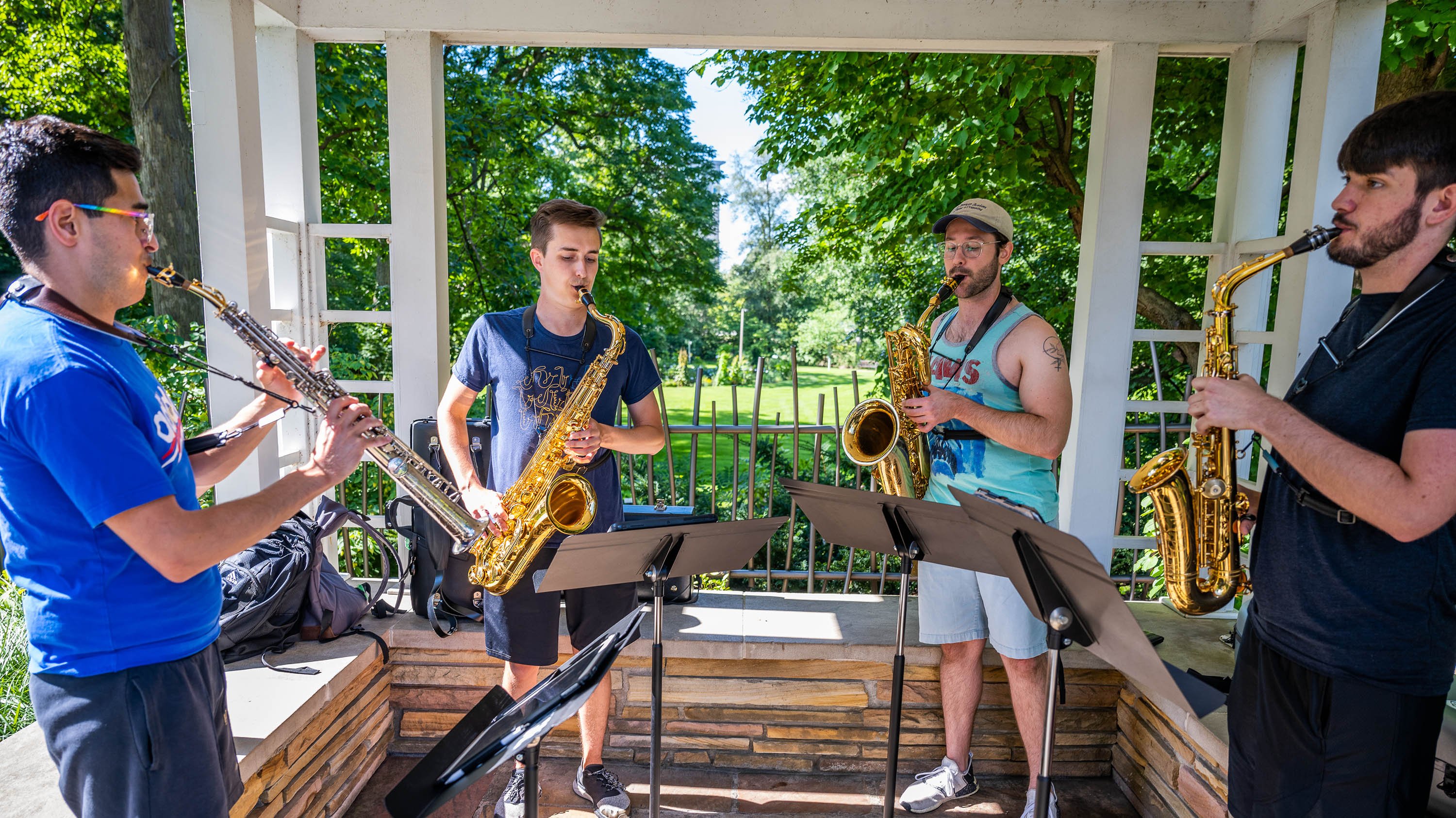 Sound Session saxophone quartet practicing in the Beal Garden gazebo