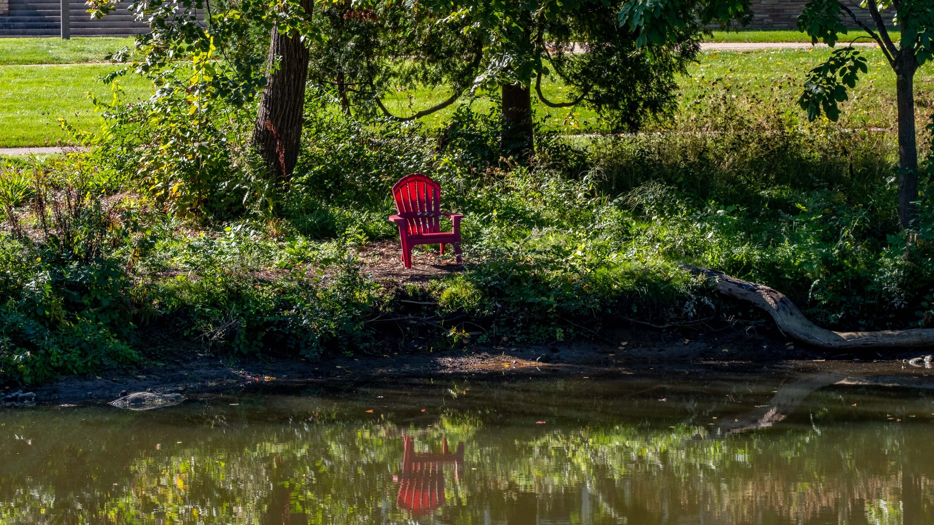 Red lounge chair near Red Cedar river